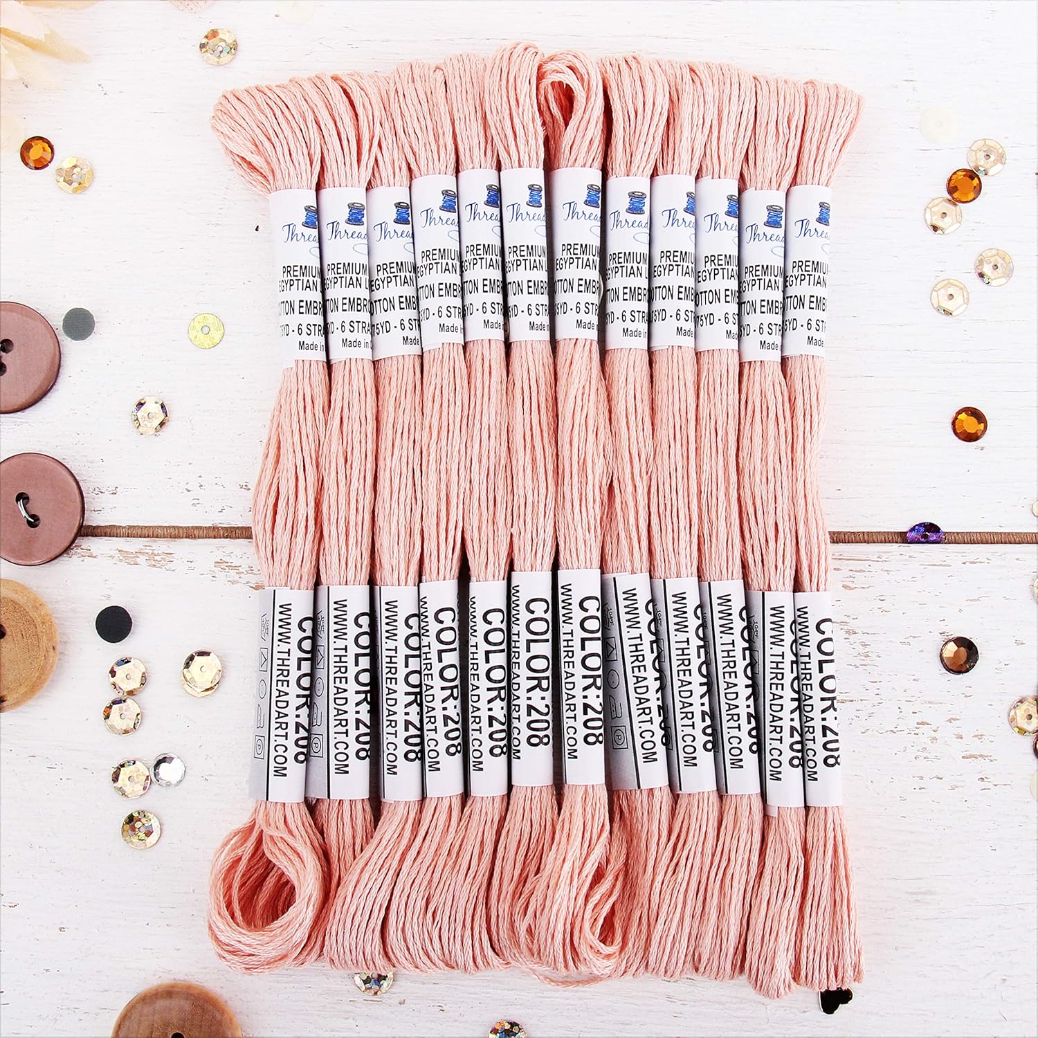 Threadart – Hilo de bordar de algodón largo egipcio de alta calidad, 12 madejas  Melocotón  6 hilos divisibles de 8.75 yardas cada uno para bordado