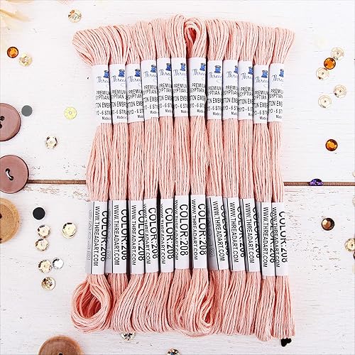 Threadart - Hilo de bordar de algodón largo egipcio de alta calidad, 12 madejas  Melocotón  6 hilos divisibles de 8.75 yardas cada uno para bordado
