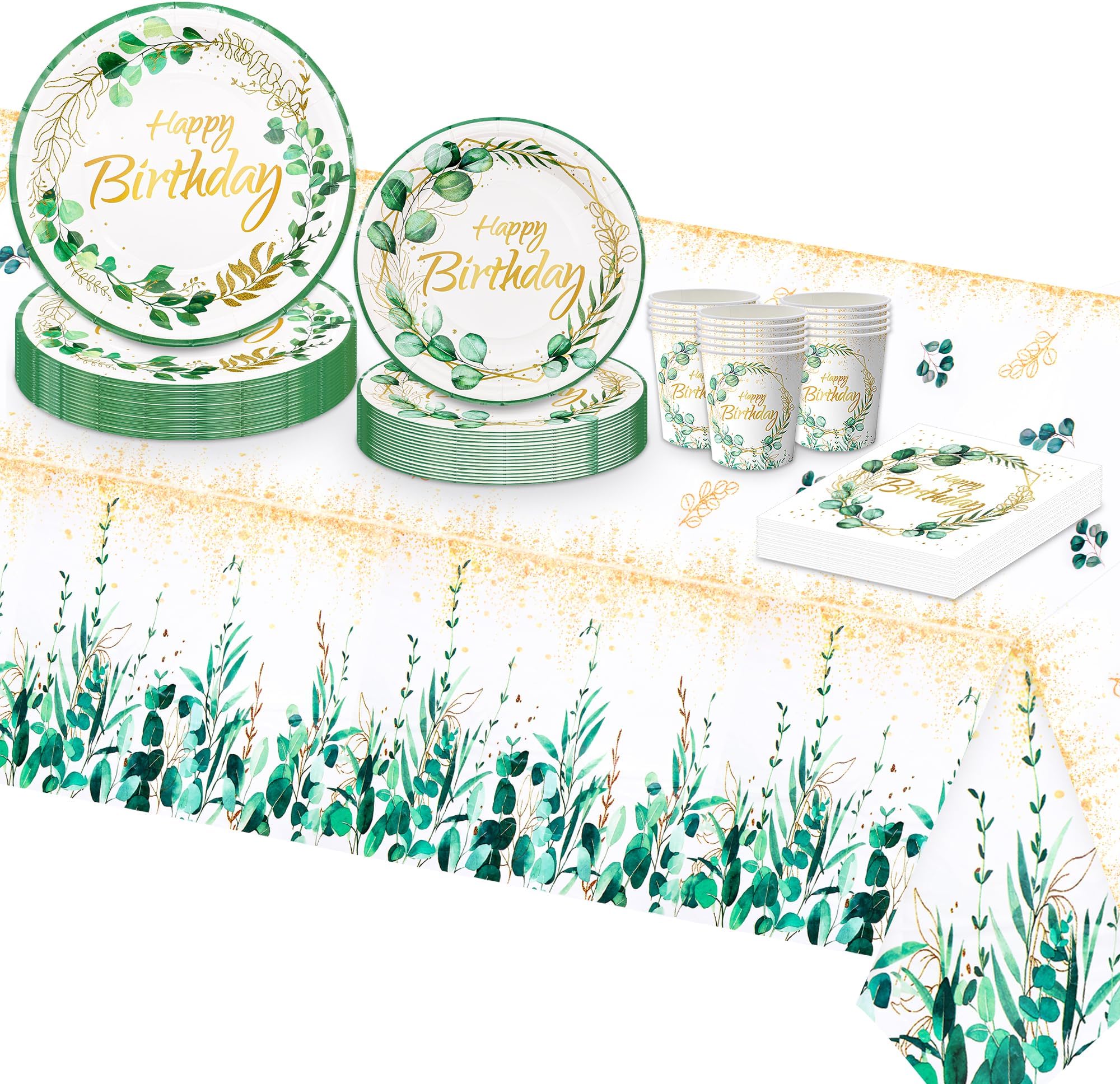 TOPWAYS Sage Green Eucalyptus Birthday Decorations, Birthday Paper Plates Cups Napkins