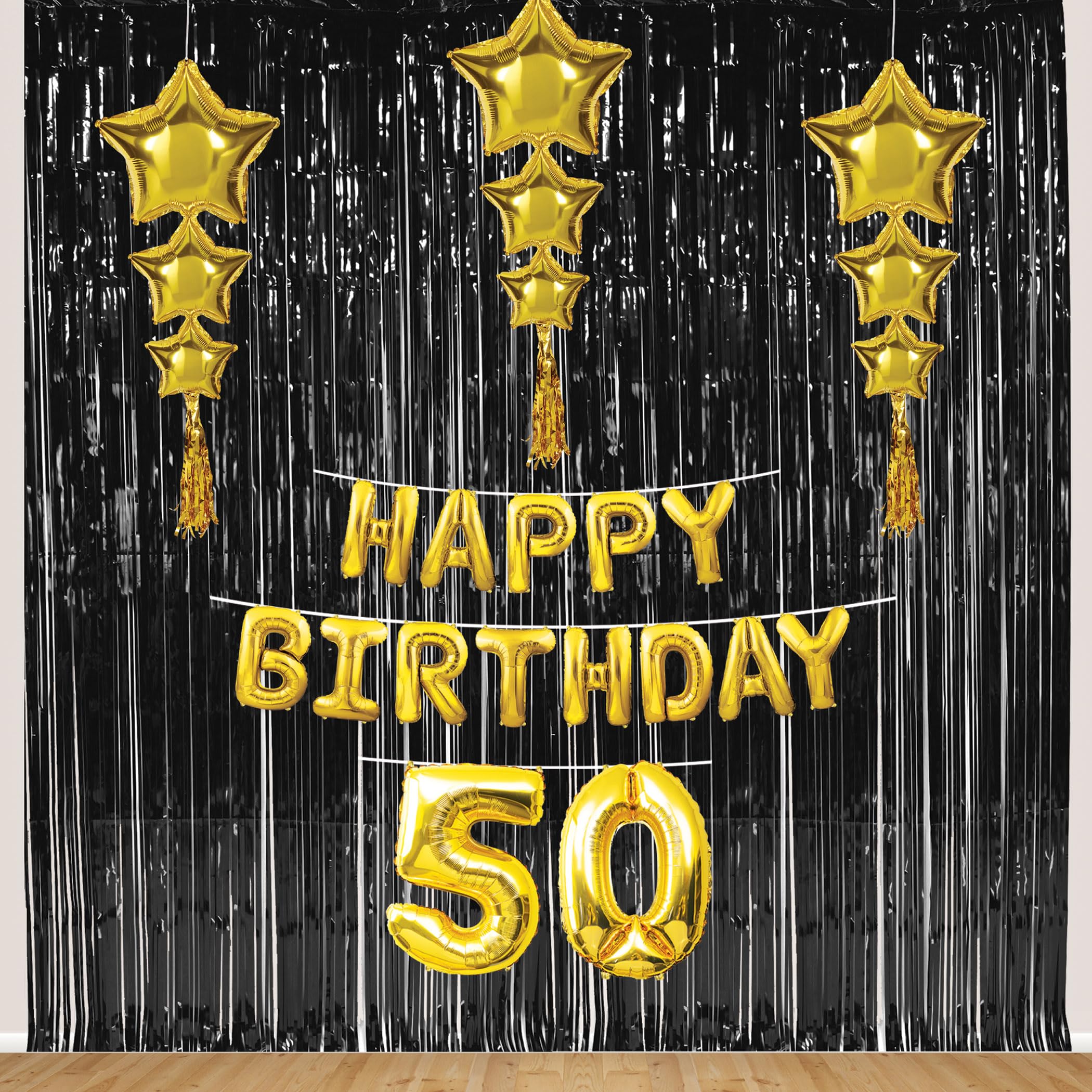Beistle Paquete de telón de fondo de cumpleaños número 50 – Pancarta dorada de globos de aluminio "Happy Birthday 127.0 cm, globos de estrella con borlas y 2 cortinas de flecos negros, 8 x 3 pies