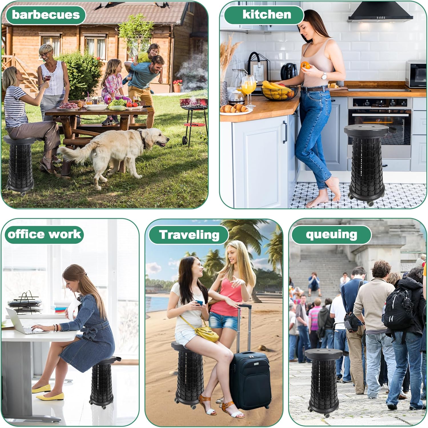 ALEVMOOM Upgrade XXL Collapsilbe Stool with Cushion & Rolling Wheels, H 20.1“, D 13” Heavy Duty Load Capacity 1000lbs, Portable Retractable Telescoping Folding Stool for Camping Hiking