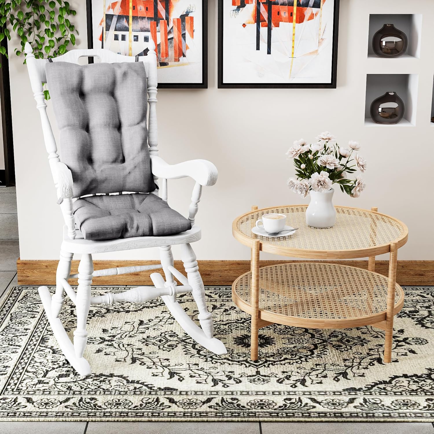 klear vu the gripper non-slip rocking chair cushion set with thick padding, includes seat pad & back pillow with ties for indoor living room rocker, 17x17 inches, 2 piece set, gray chenille gray 2 piece set