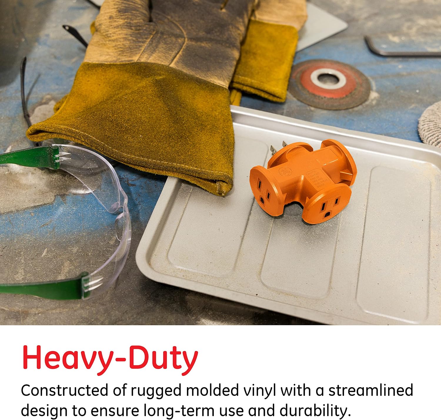 GE 50281 Heavy Duty 3 Outlet Adapter, Power Outlet Splitter, Grounded Wall Tap, Heavy Duty, UL Listed, Orange
