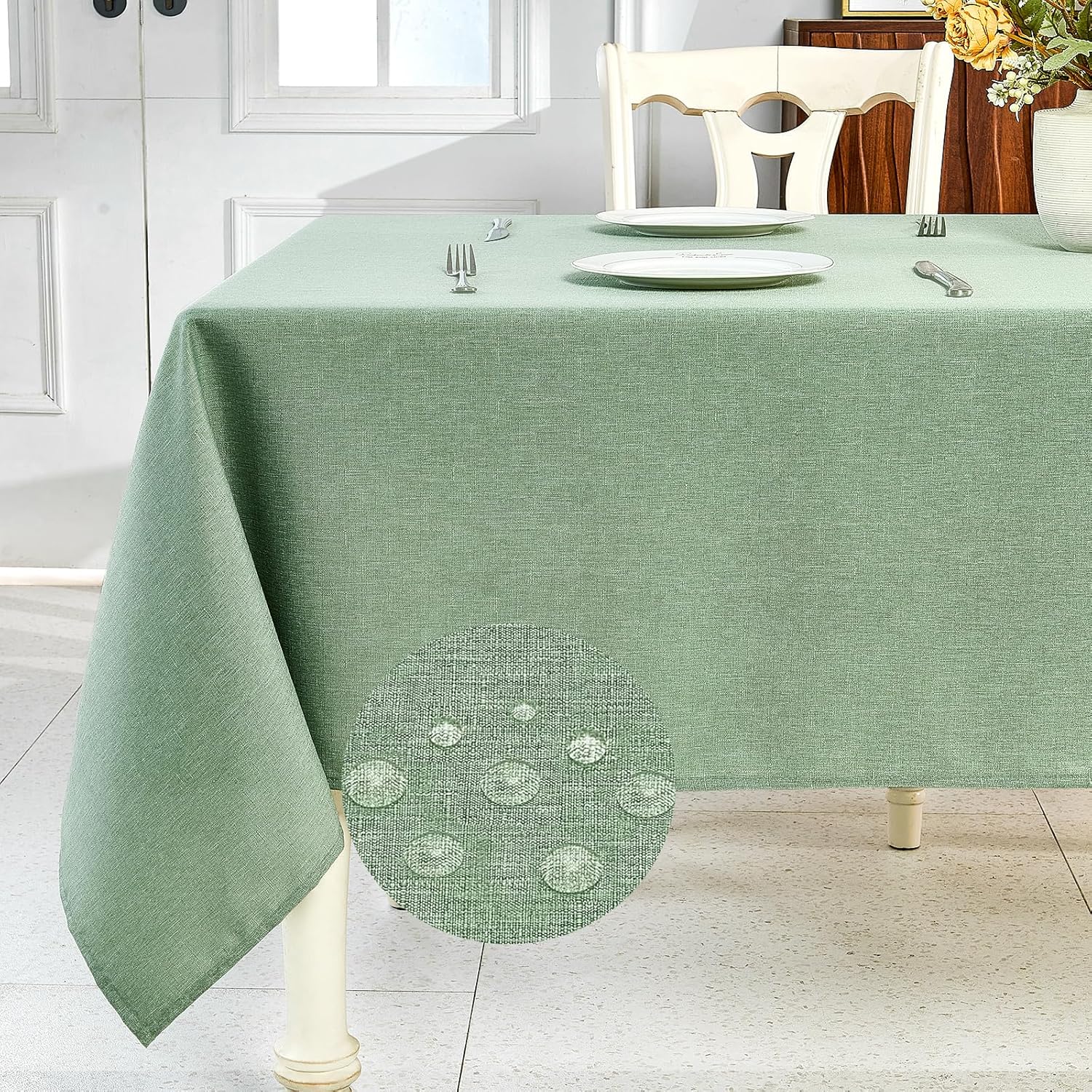 IVAPUPU Textured Linen Table Cloth for Rectangle Table - Sage Green Tablecloths Rectangular Waterproof Wrinkle Free Wipeable Dining Cover for Spring Wedding Birthday Kitchen Decor, 60 x 120 Inch