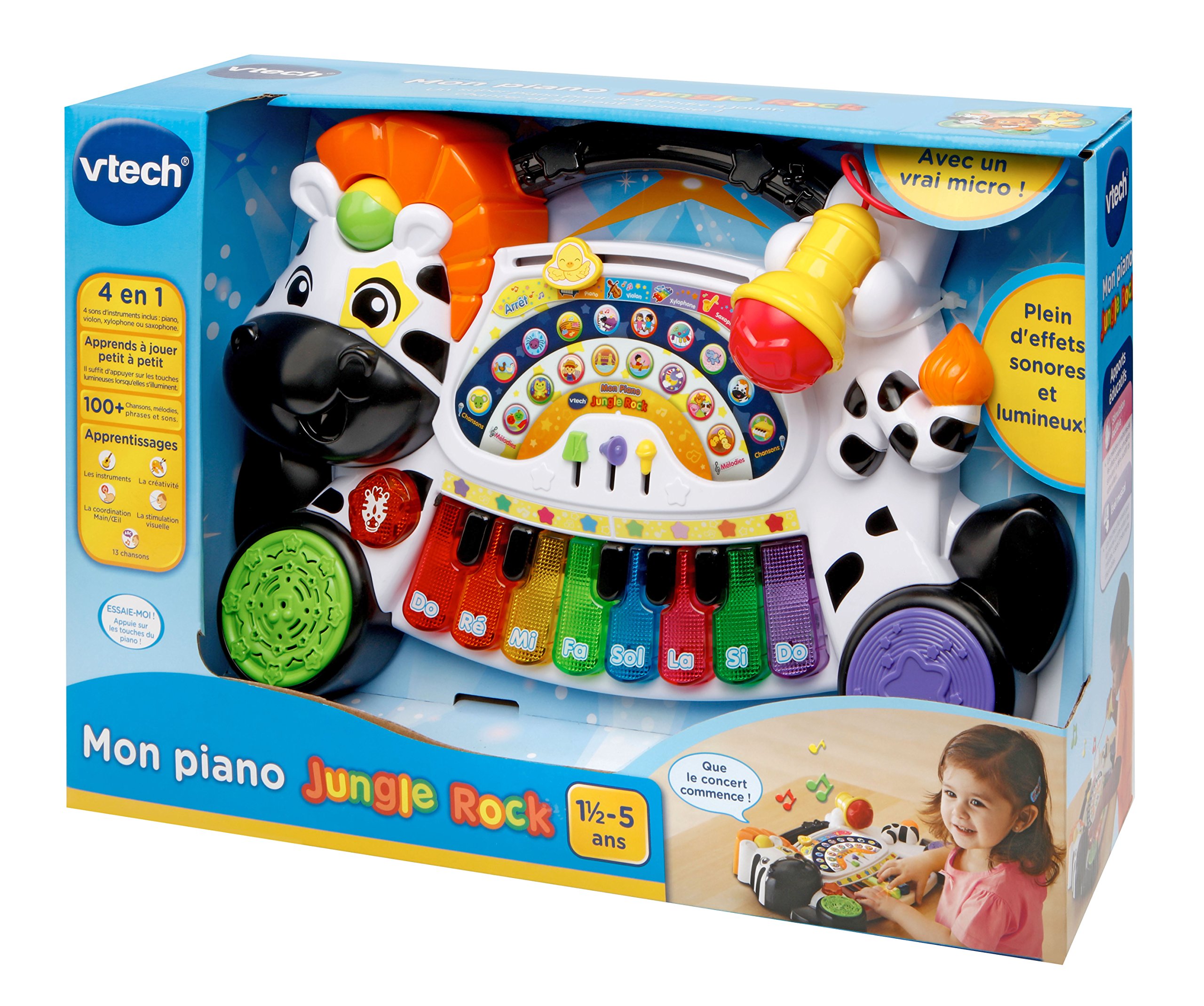 VTech - Mon Piano Jungle Rock, Instrument de Musique Bébé, Piano Interactif 4 en 1 avec Micro Enfant, Jeu d'Éveil Musical, Jouet Lumineux Zèbre, Cadeau Enfant Dès 18 Mois - Contenu en Français