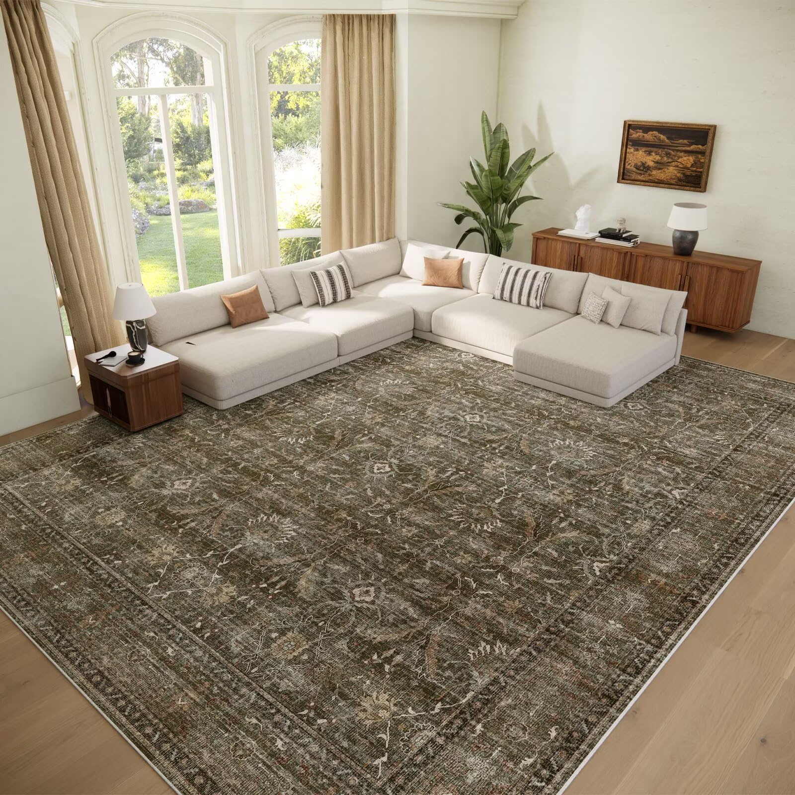 Photo 1 of Hedwior Washable 10x14 Area Rugs for Living Room, Boho Non-Slip Vintage Distress Large Rugs for Bedroom Dining Room Office, 0.3" Neutral Oriental Throw Thin Carpet, Rust/Multi, D2