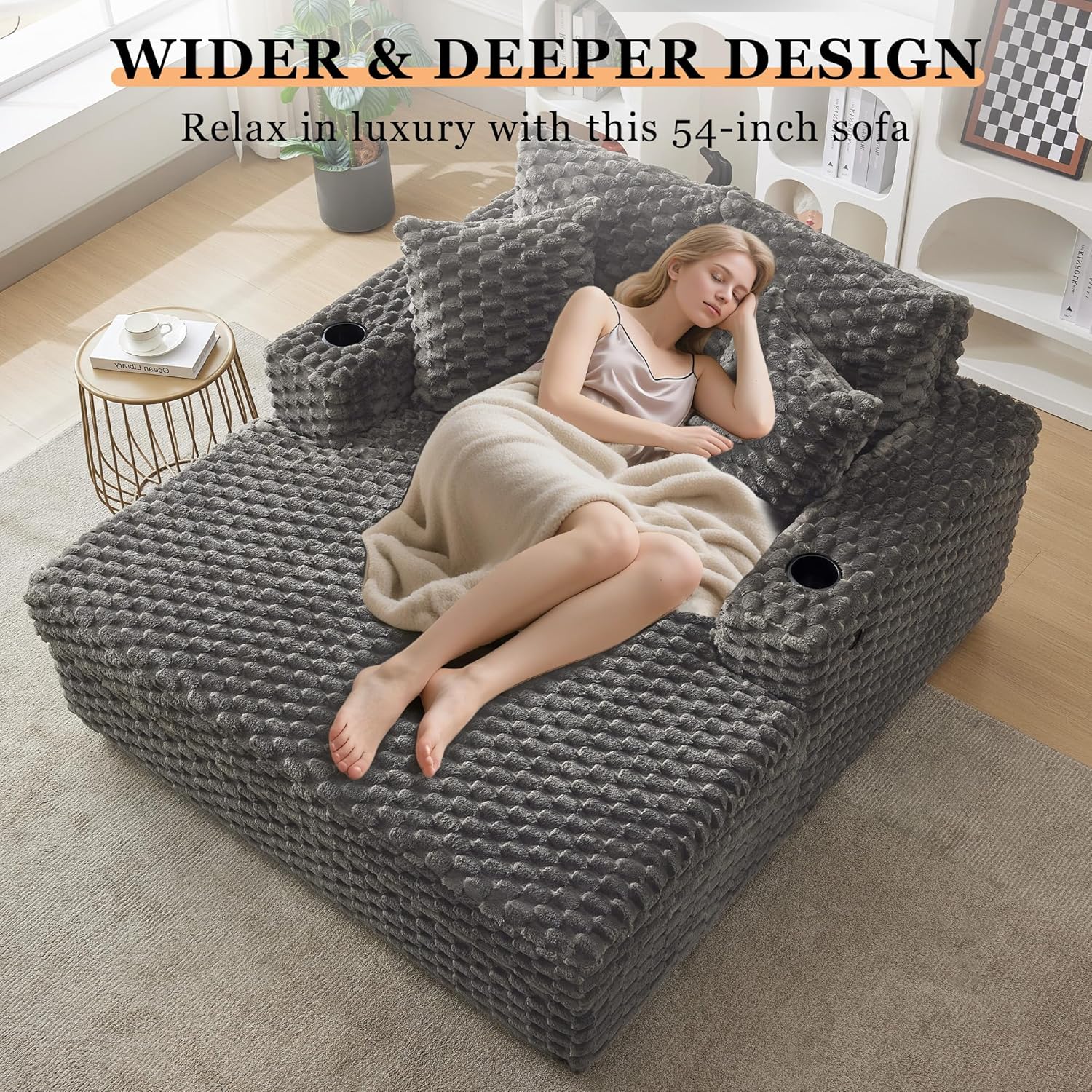 60 Inch Oversized Chaise Lounge Indoor, Upholstered Sofa Bed with Throw Pillows and Armrests, Sleeper Chair- Cozy Reading Chair for Living Room, Bedroom, Home, Grey