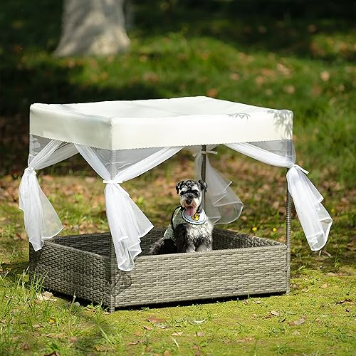 Cama elevada para perros con toldo de cortina, cama duradera de mimbre de polietileno para mascotas para perros y gatos, muebles de patio para