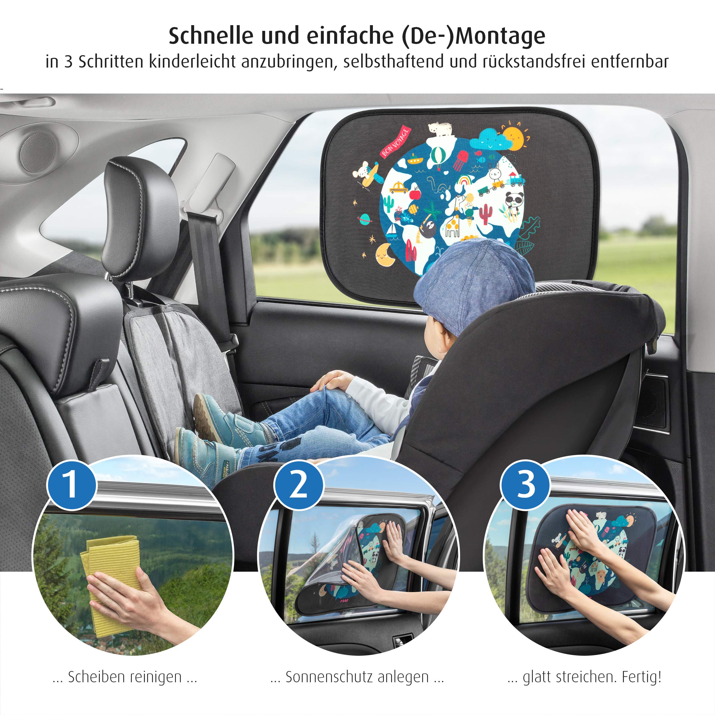 Reer 86112 TravelKid Sun Samochodowa Osłona Przeciwsłoneczna z Ochroną przed Promieniowaniem UV, Czarny