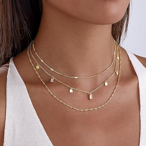 Miniatura 5 de Fwlisesa Collares en capas para mujer, conjunto de collares de oro delicado, collar de gargantilla chapado en oro de 14k, con circonita cúbica,