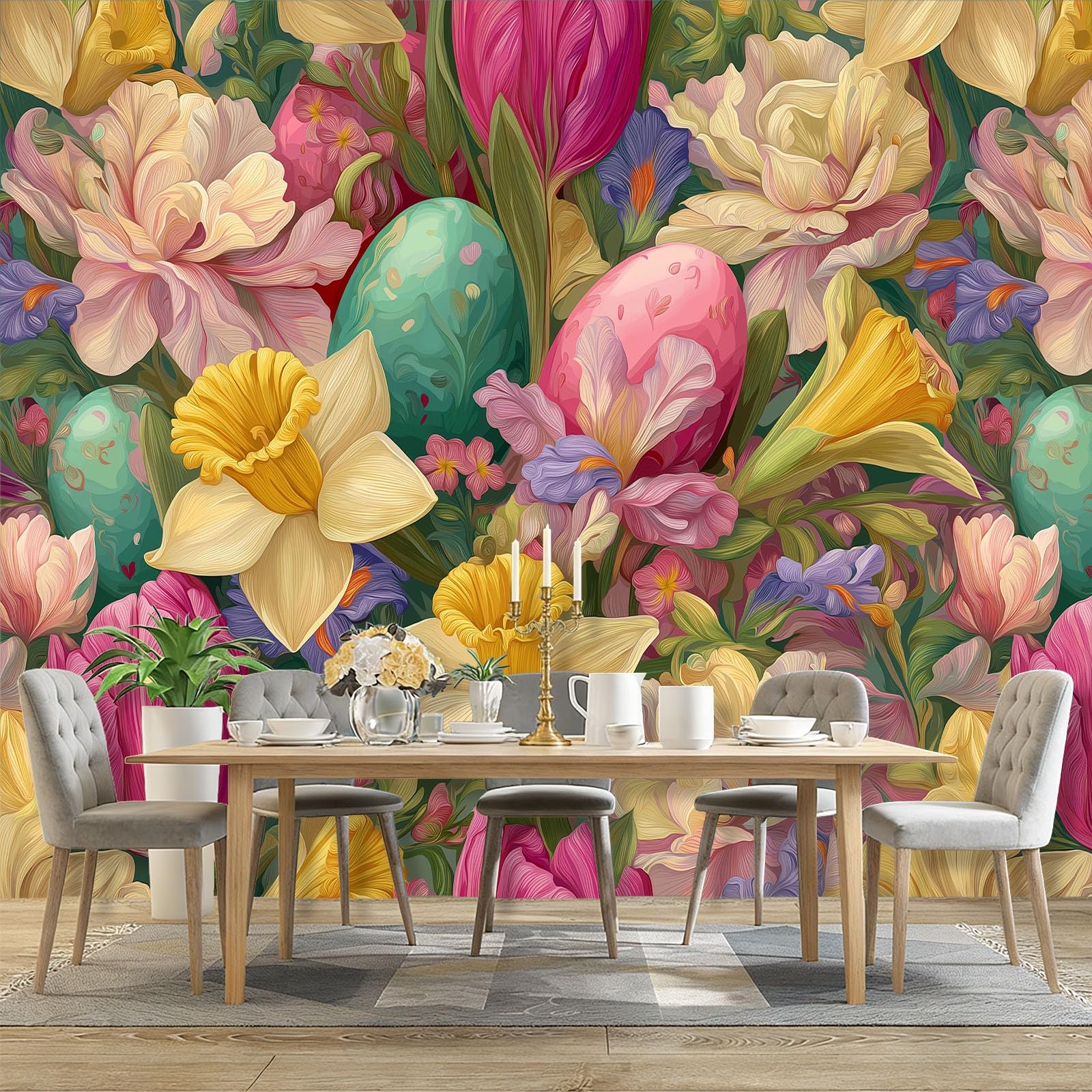 Fototapety Akwarela Tulipany Rośliny Żonkile Kolorowe Włóknina Tapeta Dekoracja Salon Sypialnia Biuro, 300 x 210 cm