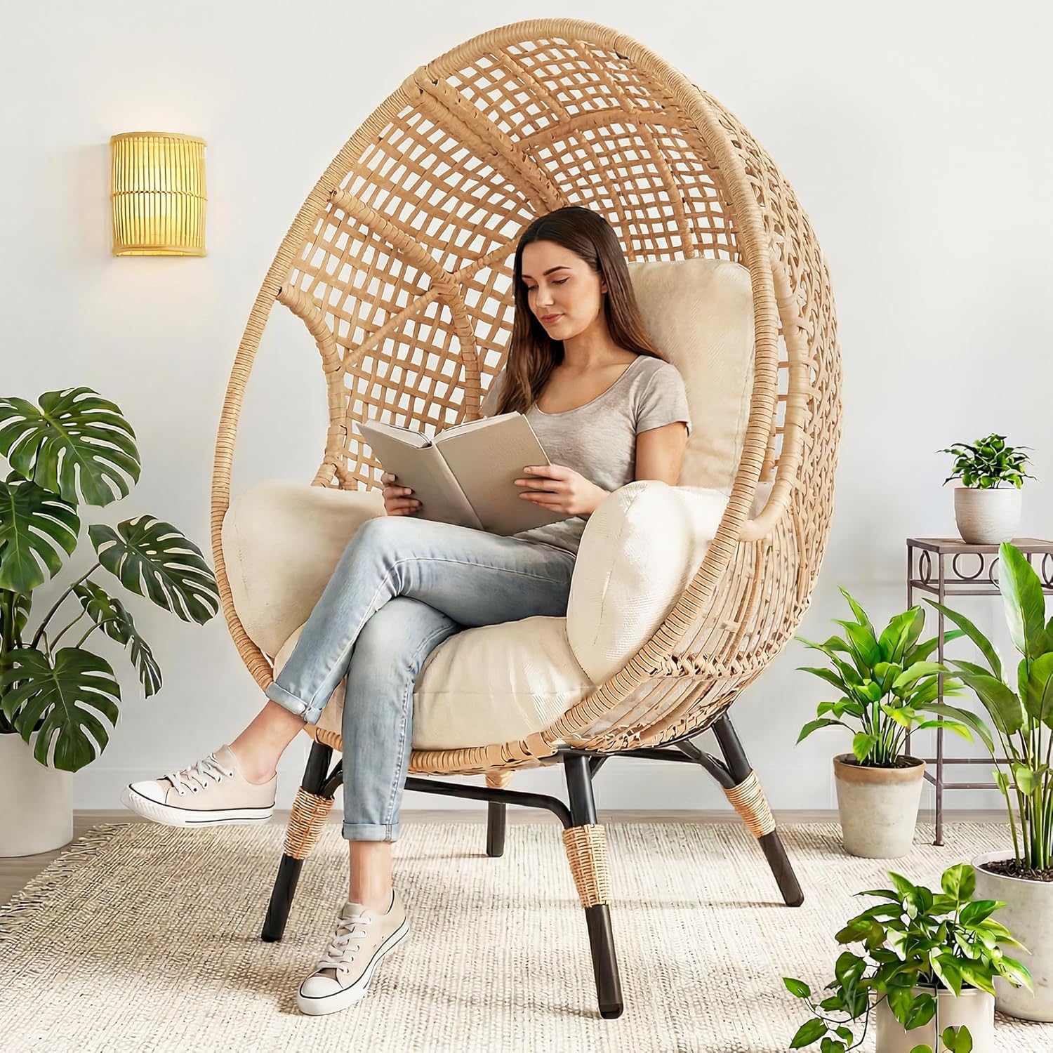 Wicker Egg Chair Outdoor Indoor Egg Shaped Lounge Chair with Cushion 500lbs Capacity for Patio Bedroom Backyard Balcony (Beige - Plaid, 1 PCS)