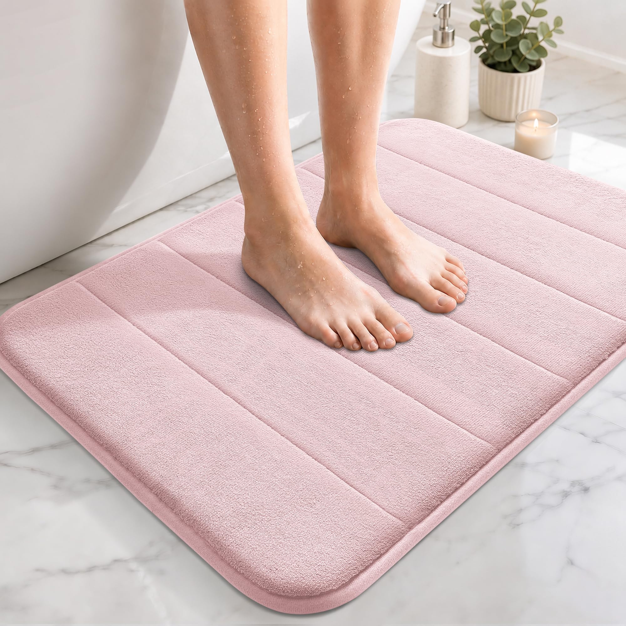 Yimobra Memory Foam Bath Mat 43 x 61 cm, Non Slip Bathroom Mat, Soft Absorbent Quick Dry Bath Rug, Machine Washable for Shower, Sink and Bathroom, Pink