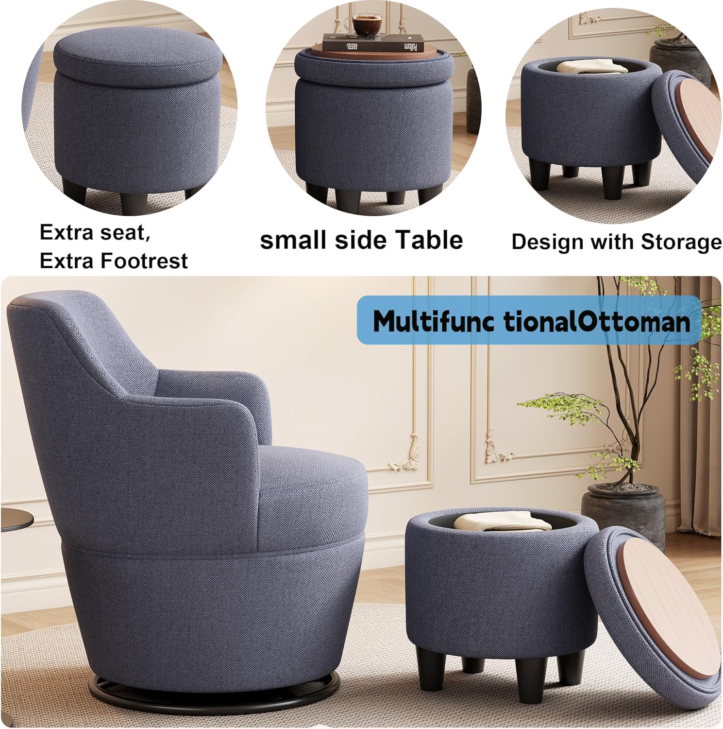 27" Swivel Accent Chair, Lounge Sofa with Ottoman, Nail Trimmed Barrel Chair for Living Room, Nursery & Vanity, Blue