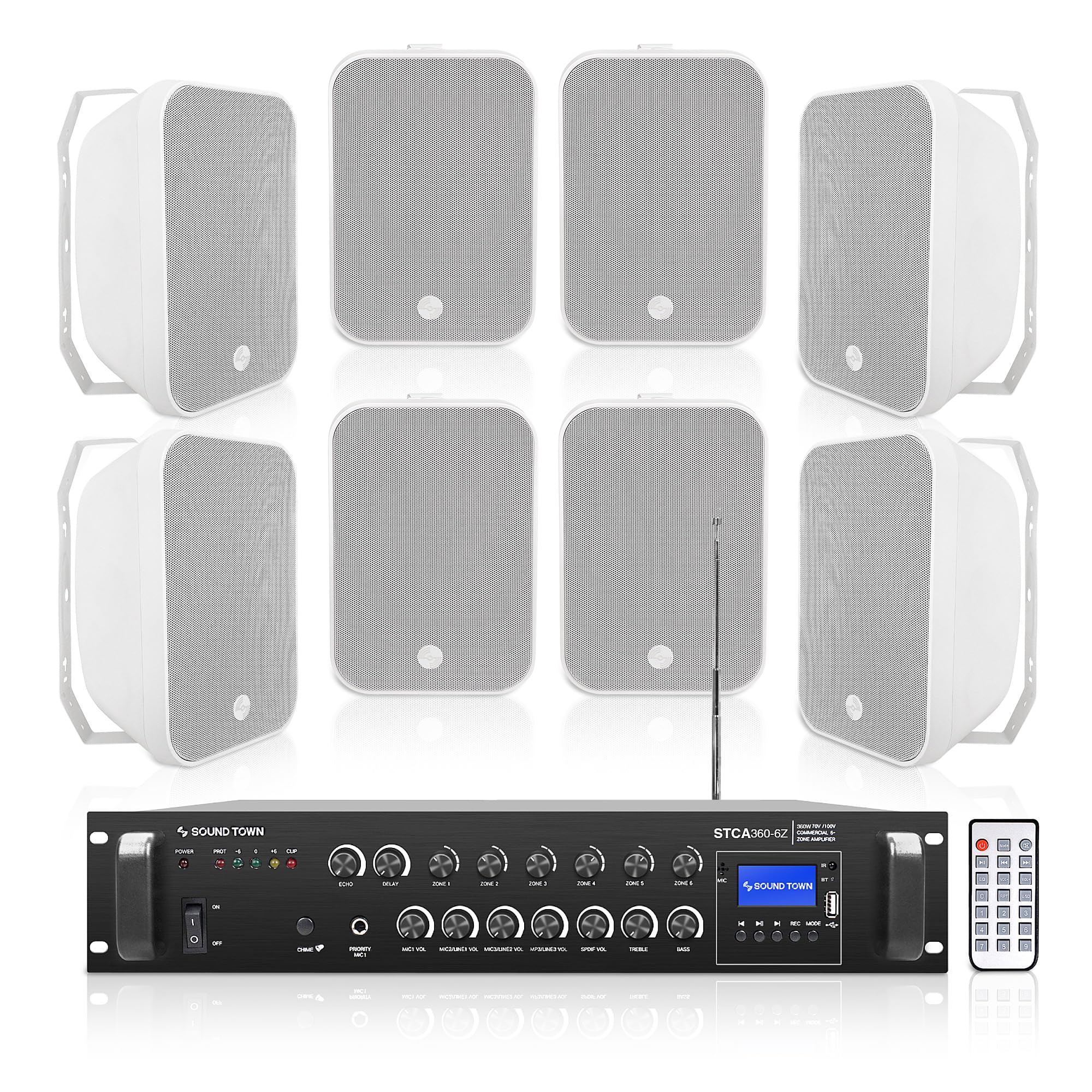 Sound Town Commercial Restaurant Bluetooth Amplifier + Surface-Mount Speaker Set, with One 6-Zone 70V/100V Amplifier with Bluetooth, 8 x 6.5-Inch Surface-Mount Speakers, White (STCA360X8MS6W)