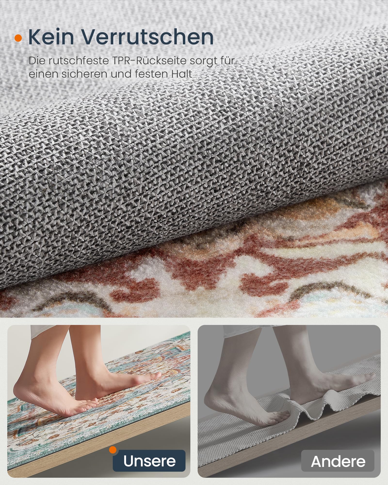 SONGMICS Vintage Teppich, 160 x 230 cm, Wohnzimmerteppich, Schlafzimmerteppich, Waschbarerteppich, Rutschfester Teppich, für Küche, Flur, Esszimmer, aquamarinblau TAR033Q01