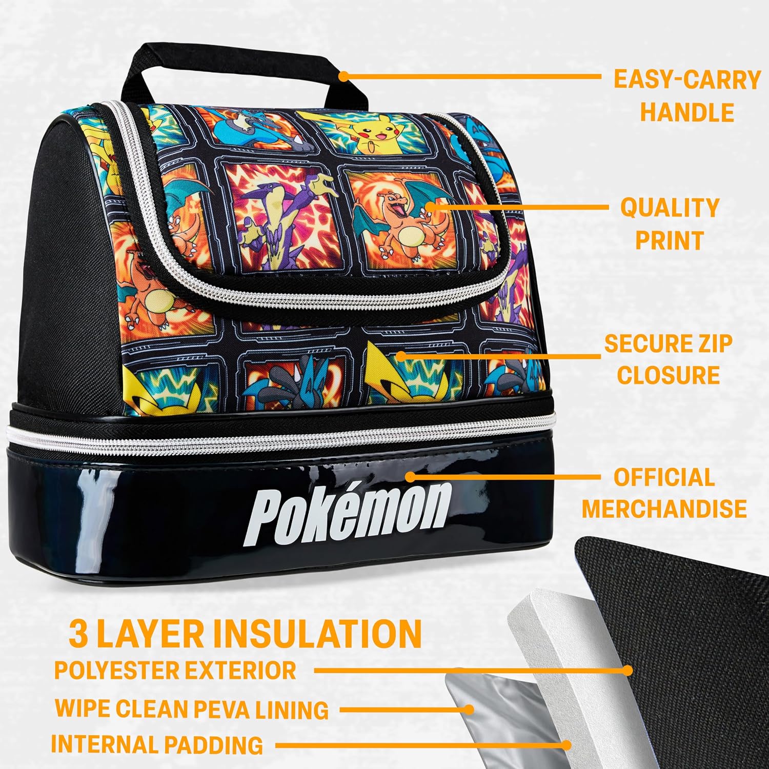 Get Trend Pokemon Insulated Lunch Bag with Dual Compartments for School | Reusable Kids Snack Bag, Zipped Cooler Bag with Handle for Picnic, Travel, School Supplies, Pikachu Gamer Gifts for Boys