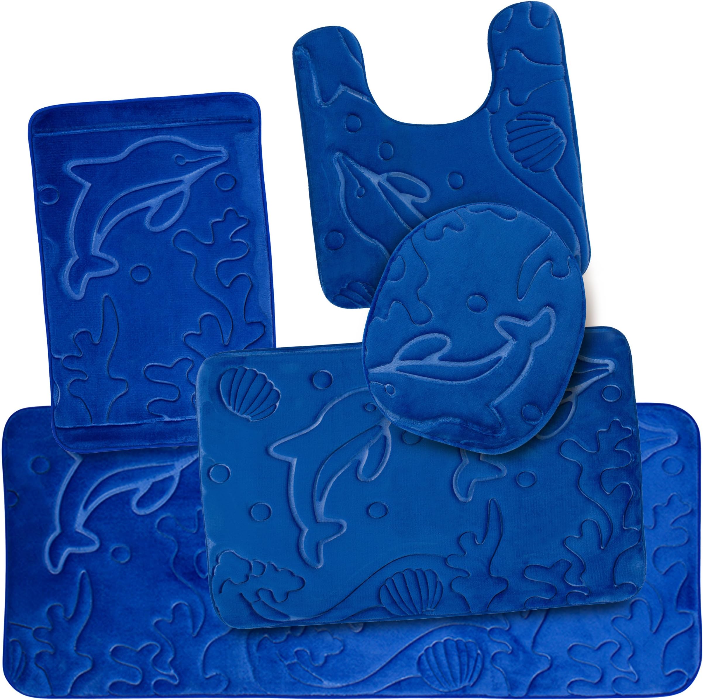 5 Piece Bathroom Rugs Set - Soft Non Slip Memory Foam Large Bathroom Mats - Perfect Combination of Luxury and Comfort - Blue Dolphins