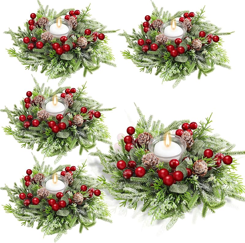 4 Pcs Christmas Candle Ring Wreath Small Kitchen Cabinet Table Decor | Mini Xmas Pillar Ring Holder, Artificial Berries Snowy Pine Chandelier, Home Dinning Table Centerpiece Holiday Indoor Decor