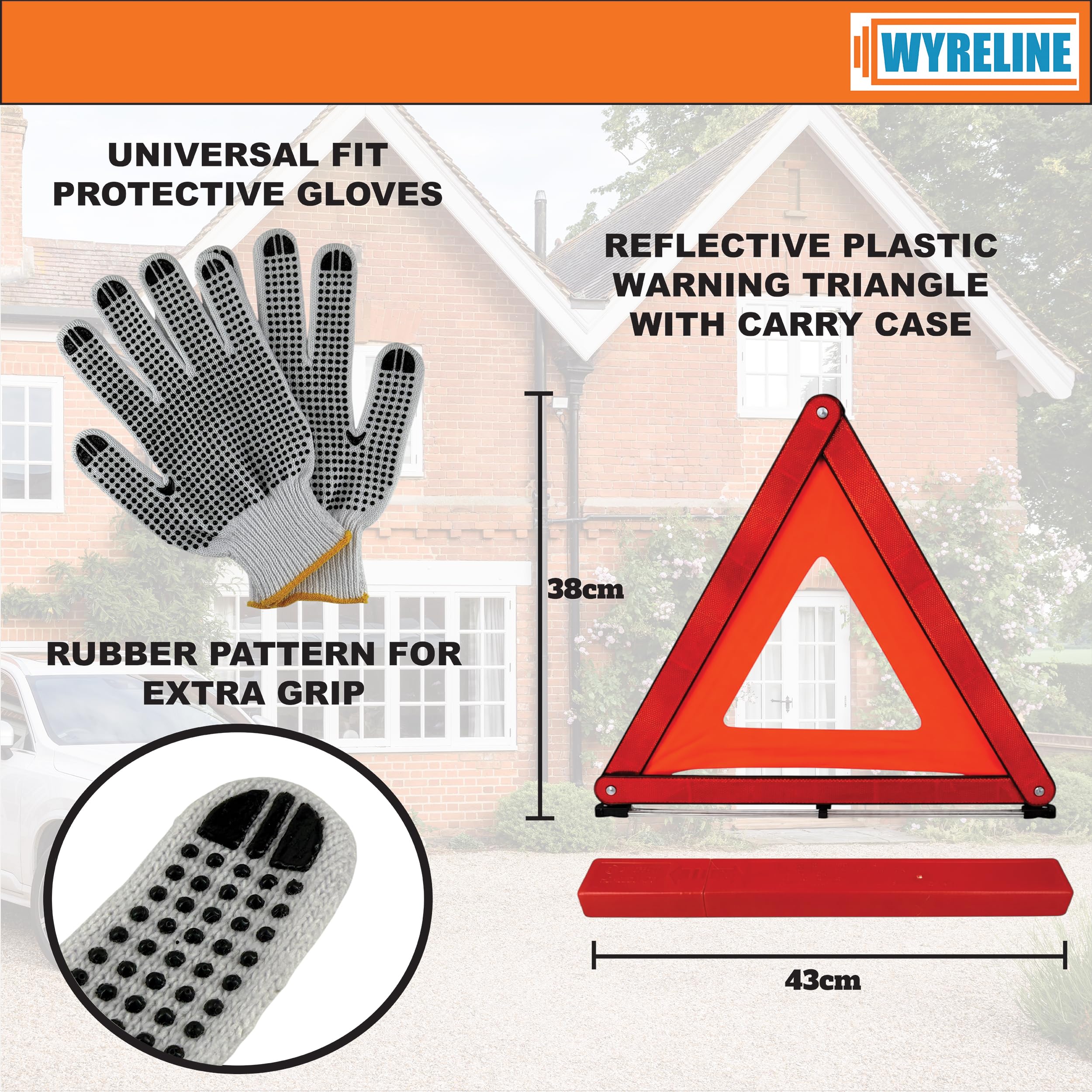 WYRELINE 6 Pcs European Driving Kit | Eurolites Headlight Deflectors For Europe | Warning Triangle, Hi-Vis Vest, UK Plate Magnet + Sticker, Rubber Grip Gloves | EU and France Driving Kit 2026 — view 2