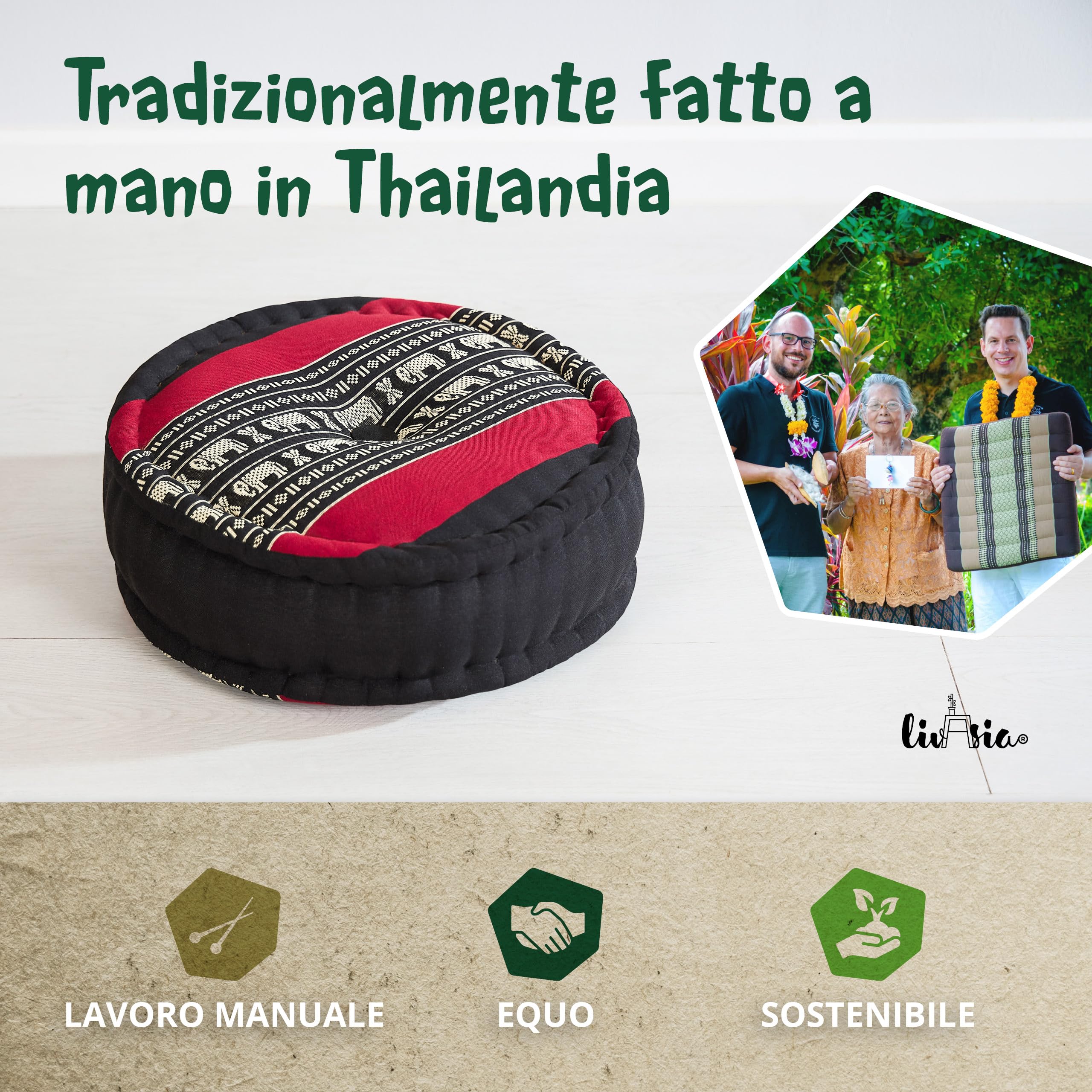 livasia Cuscino da Meditazione Ø 38x15cm - Cuscino per Yoga kapok, Pouf, Cuscino per Pavimento Yoga Meditazione Zen, Cuscino zafu Giardino Balcone, Cuscino per sedersi Fatto a Mano (Nero/Elefanti)