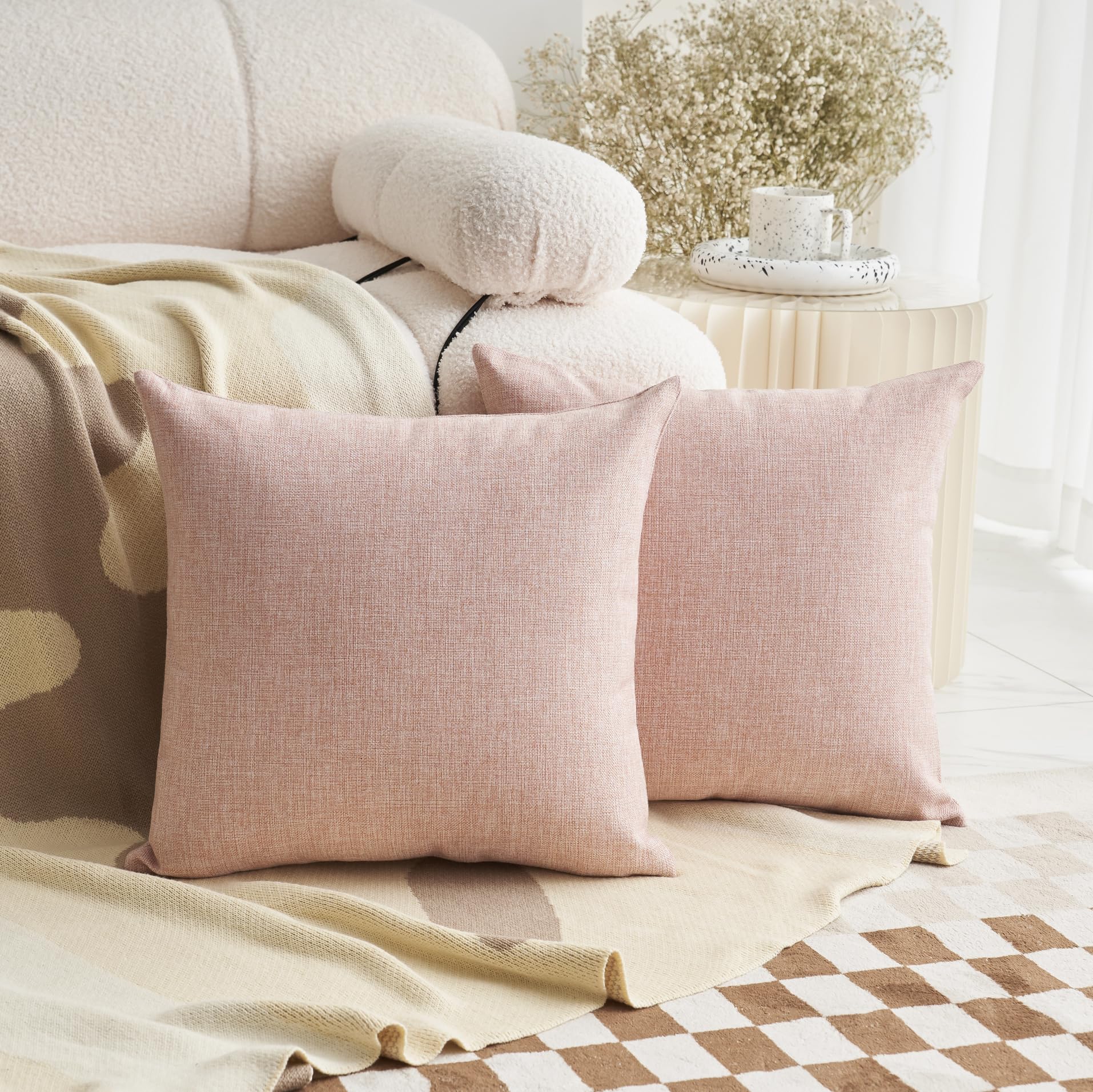 Demetex Large Cushion Covers 60 x 60 cm Soft Pink Linen Cushions Decorative Sofa Cushion Covers for Woman Girl Room Decorations, 60x60 cm, Set of 2, Pink — image 1