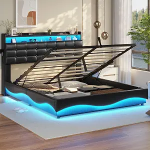 ADORNÉVE Lift Up Storage Queen Bed Frame with Storage Headboard, PU Black