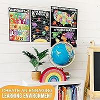 Vista 7 de Hadley Designs 4 carteles del alfabeto, mapa de Estados Unidos, mapa del mundo y sistema solar, gráficos ABC laminados para decoración de pared