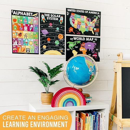 Miniatura 7 de Hadley Designs 4 carteles del alfabeto, mapa de Estados Unidos, mapa del mundo y sistema solar, gráficos ABC laminados para decoración de pared de