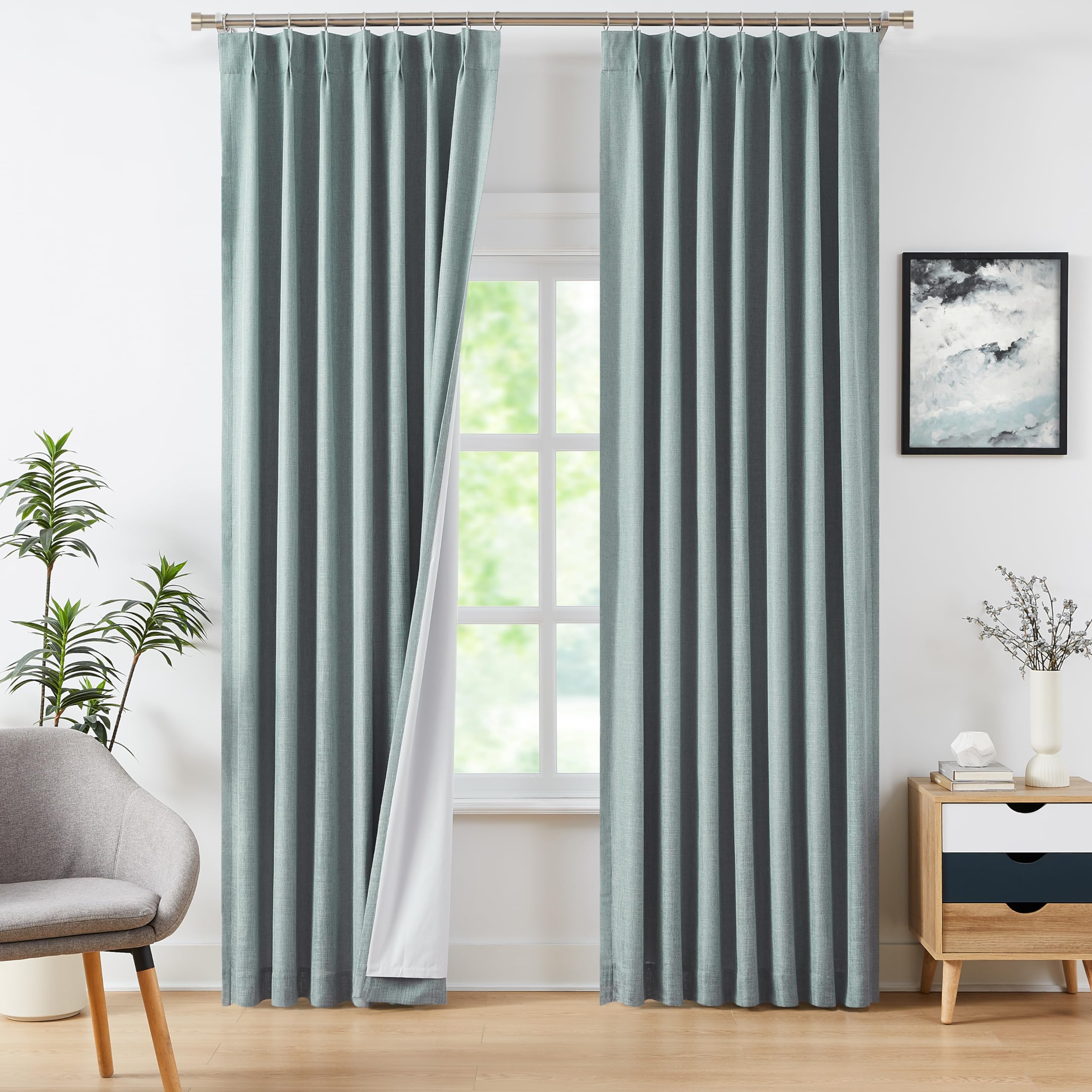 WEST LAKE Bailey Pinch Pleated Blackout Curtains 90 Inches Long,Mineral Green Farmhouse Drapes with Back Tabs,Linen Textured Noise Reducing Window Treatment for Bedroom Living Room,40" Wx90 Lx2