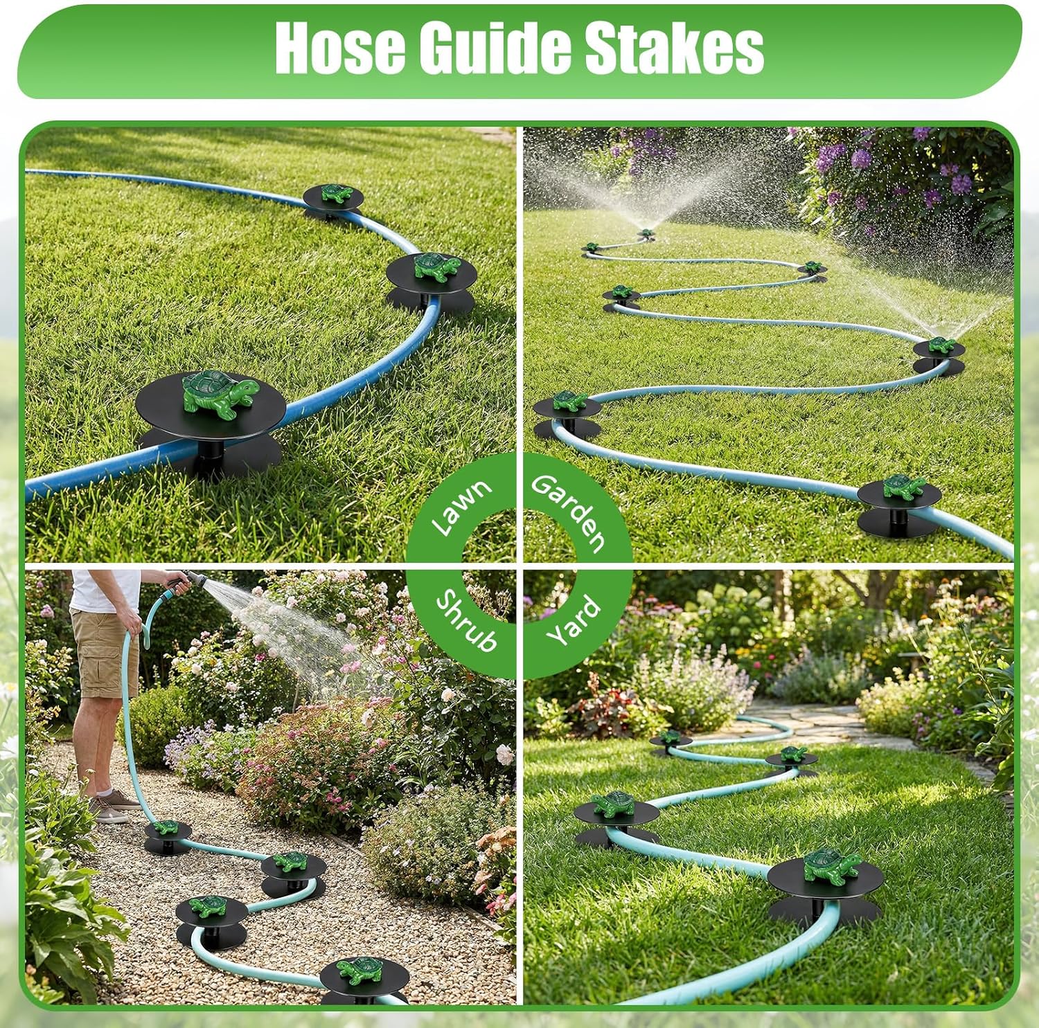 6 Pack Garden Hose Guide Spike, 8.7" Hose Guide Stakes with Green Turtle Design, Water Hose Outside Cast Aluminum Heavy Duty Hose Guide for Keeping Flower Beds, Lawn & Garden Plant Protection