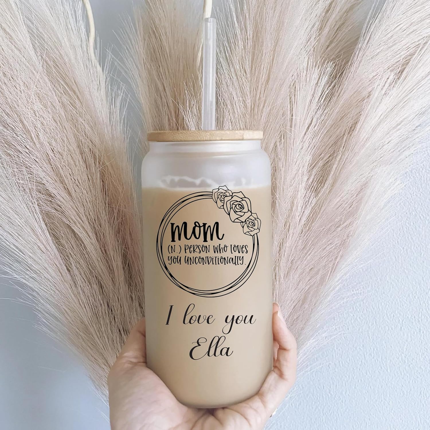 Personalzed Mom Drinkware Gift - 16 oz Glass Cups w Lids and Straws Iced Coffee Cup Can Shaped