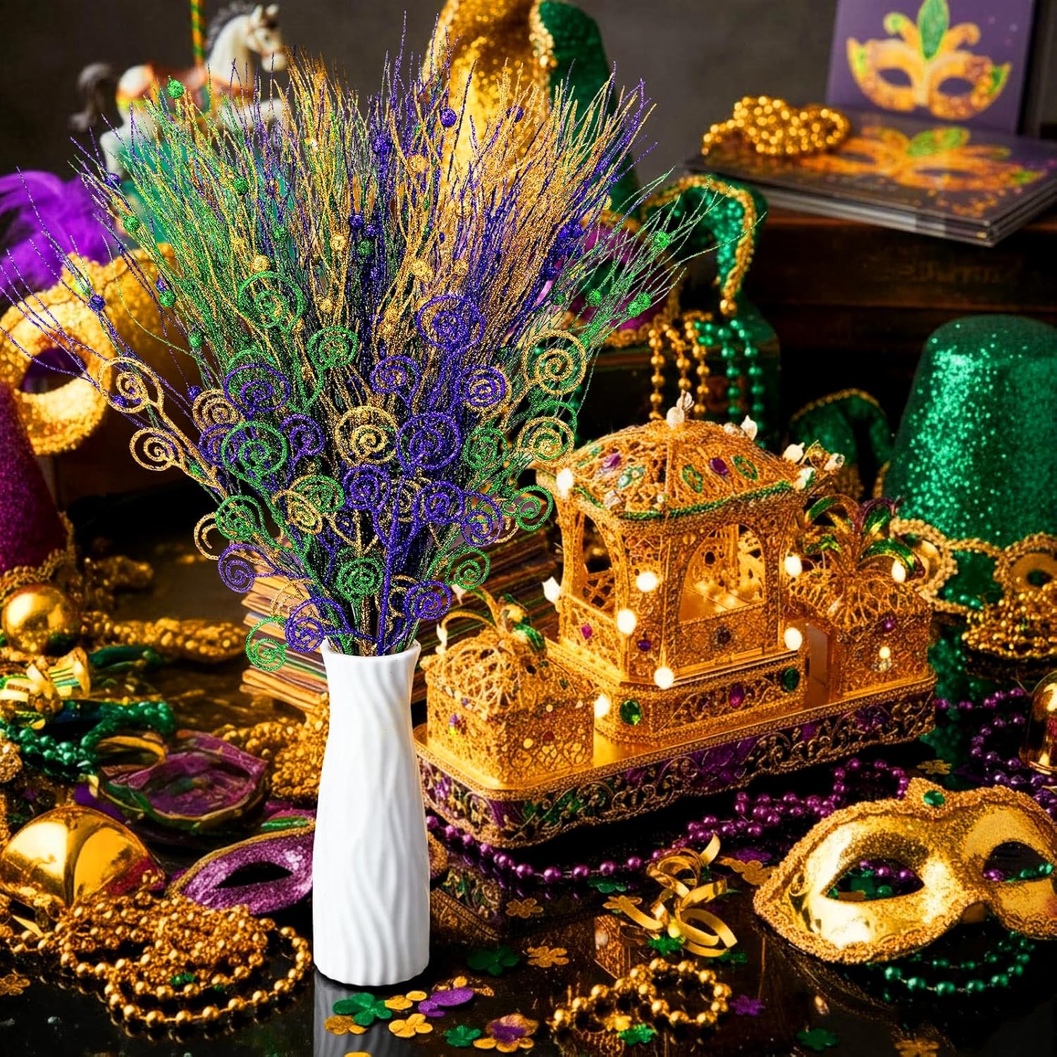 Suncalla 48 Pcs Mardi Gras Berry Stems Tree Ornaments Glitter Purple Green Gold Carnival Artificial Stems Sprays Candy Picks Shiny Curly Sticks Branches for Mardi Gras Wreath Crafts Vase Filler
