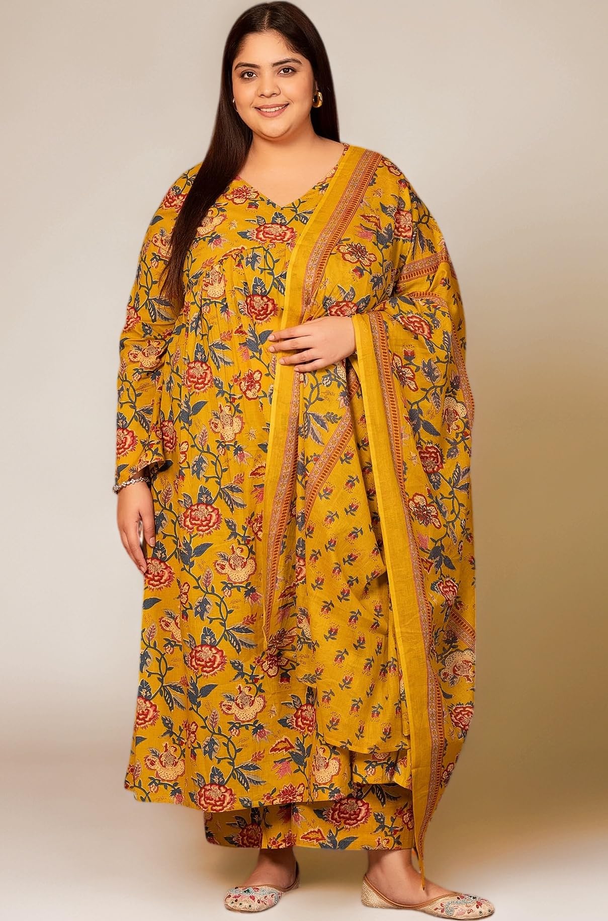 MEERA FAB Women's Cotton Blend V-Neck Plus Size Anarkali Printed Kurta with Palazzo & Dupatta
