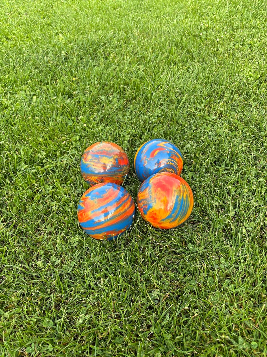 BuyBocceBalls Listing - Made in USA, Premium Quality Official Tournament 4 Ball Bocce Set, Regulation Size and Weight, 920 Grams (2 lbs. 1 oz.) - Marbleized Orange, Blue, Yellow - 107mm