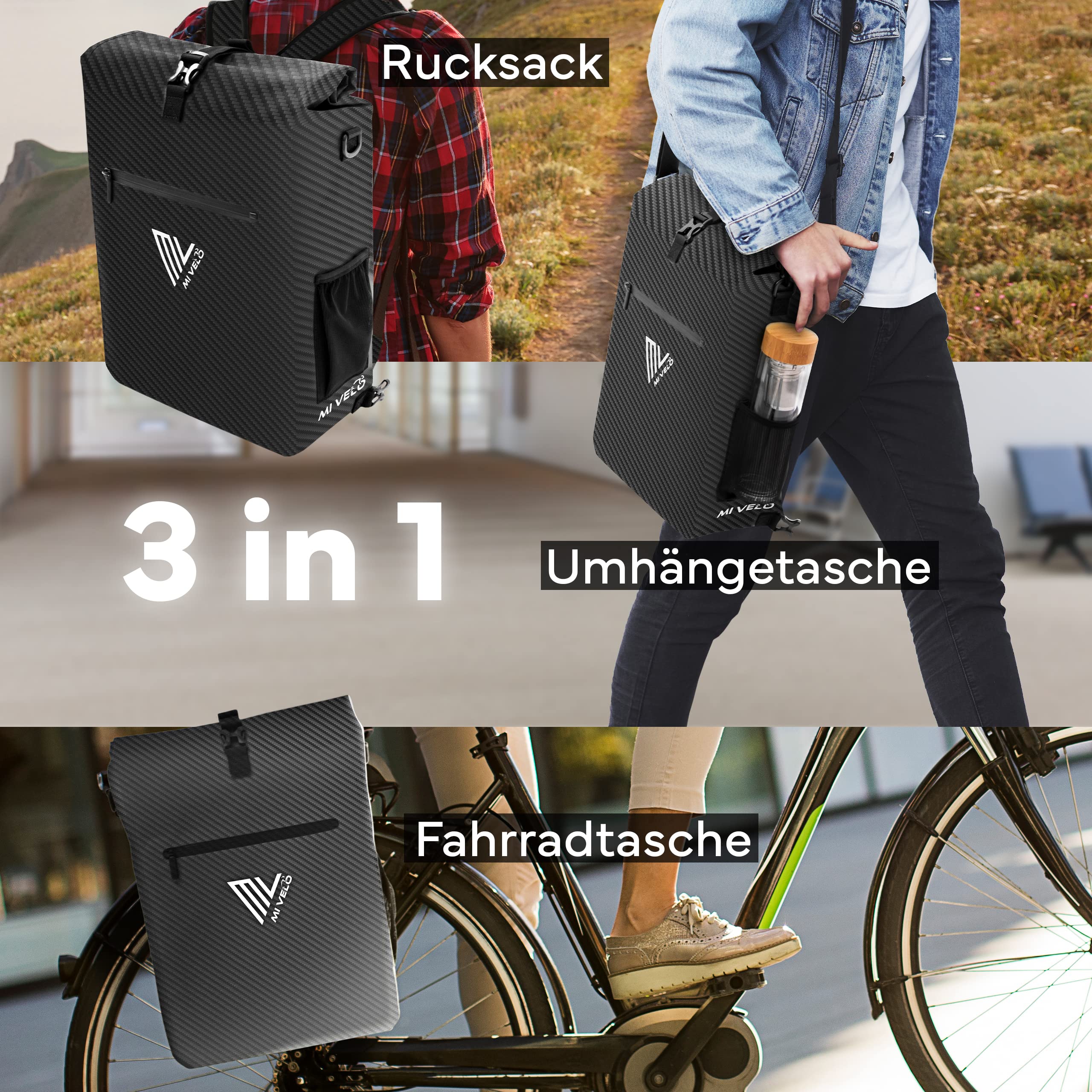 MIVELO 3 in 1 fietstas voor bagagedrager, rugzak, bagagedragertas