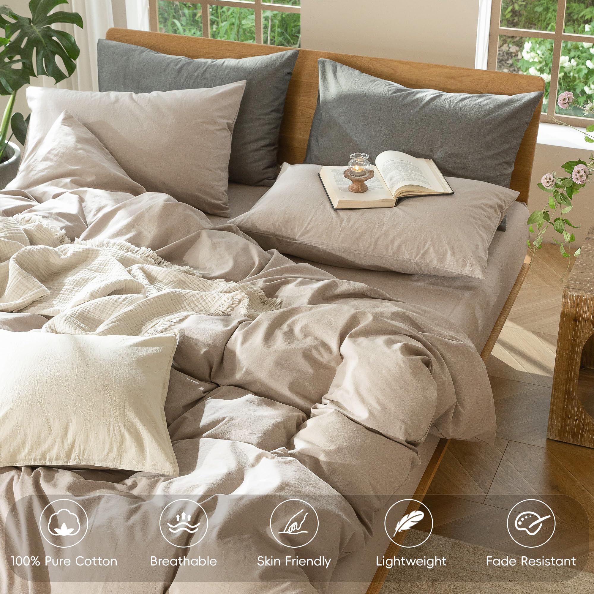 MooMee Bedding Duvet Cover Set 100% Washed Cotton Linen Like Textured Breathable Durable Soft Comfy (Tannish Linen Grey, King) — view 67