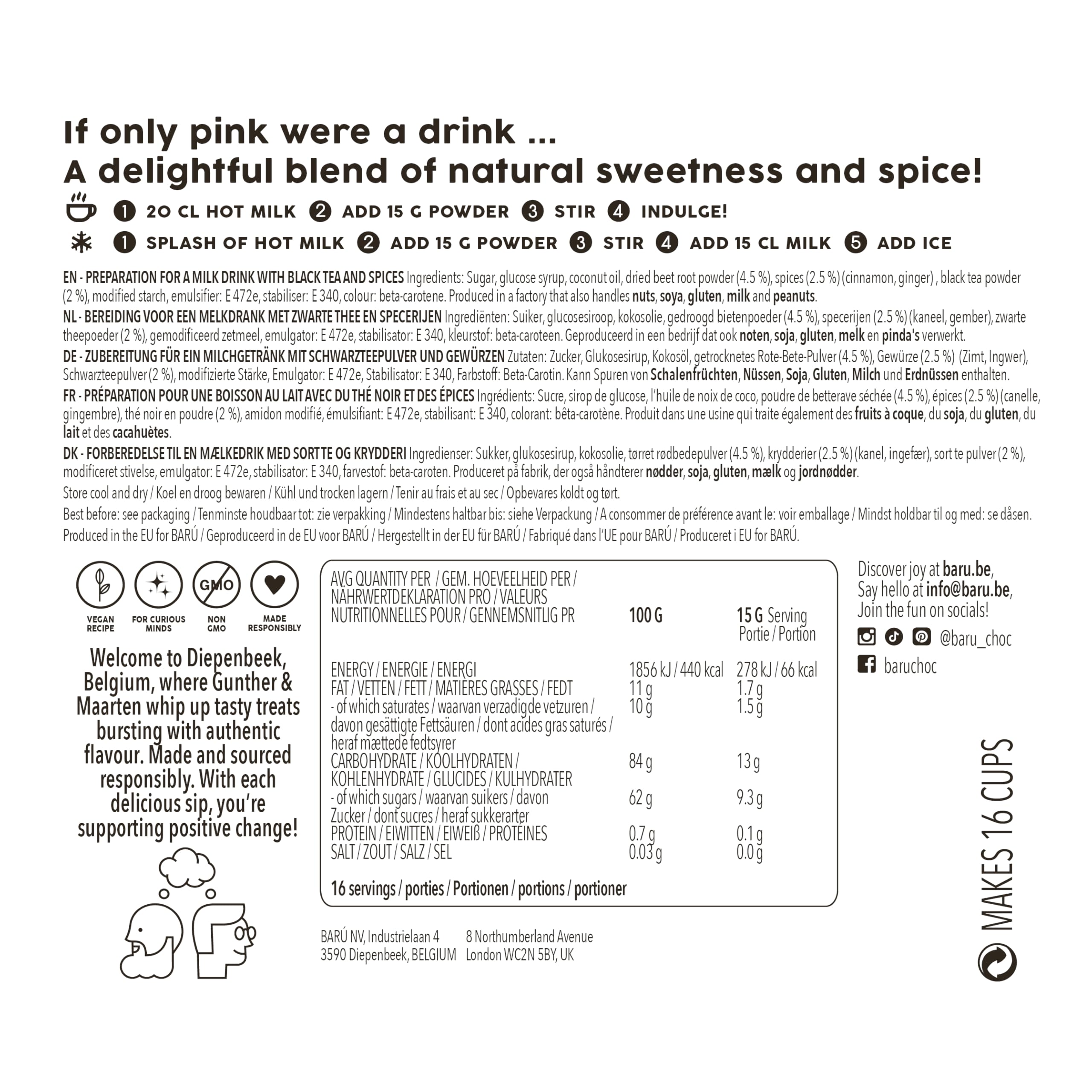 Barú Pink Chai Latte – Packung 4 x 250 g – Instant-Zubereitung mit Schwarztee, Gewürzen & Rote Bete – Vegan, natürlich, ohne künstliche Aromen – 48 Tassen – Handgemacht in Belgien