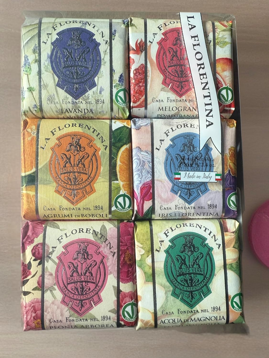 LA FLORENTINA Variety Soap 6 Pack, Agrumi de Boboli, Acqua Di Magnolia, Lavender, Peonia Arborea, Melograno, Iris Florentina, 3.7 Oz Each Bar, Imported from Italy