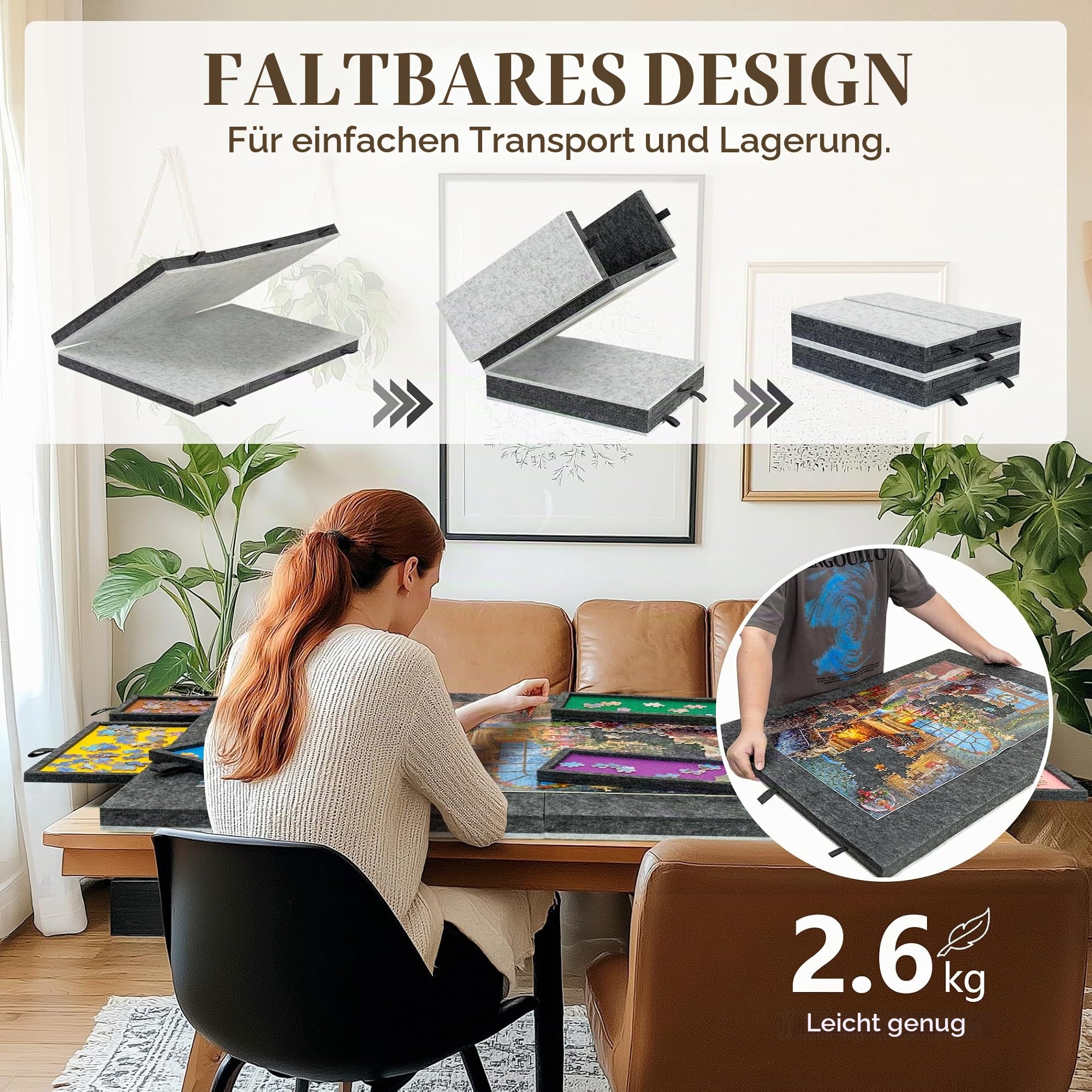 Lavievert Faltbares Puzzlebrett mit 6 Sortierfächern/Schubladen, Leichter tragbarer Puzzletisch mit Abdeckmatte, faltbares Filzpuzzlebrett zur Aufbewahrung von Puzzles, für bis zu 1500 Teile