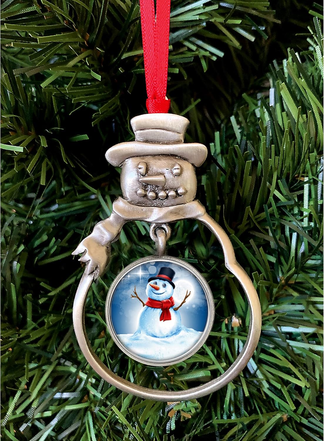 Coin Snowman Silvertone Pewter Ornament| Colorized Quarter | Red Ribbon | Certificate of Authenticity