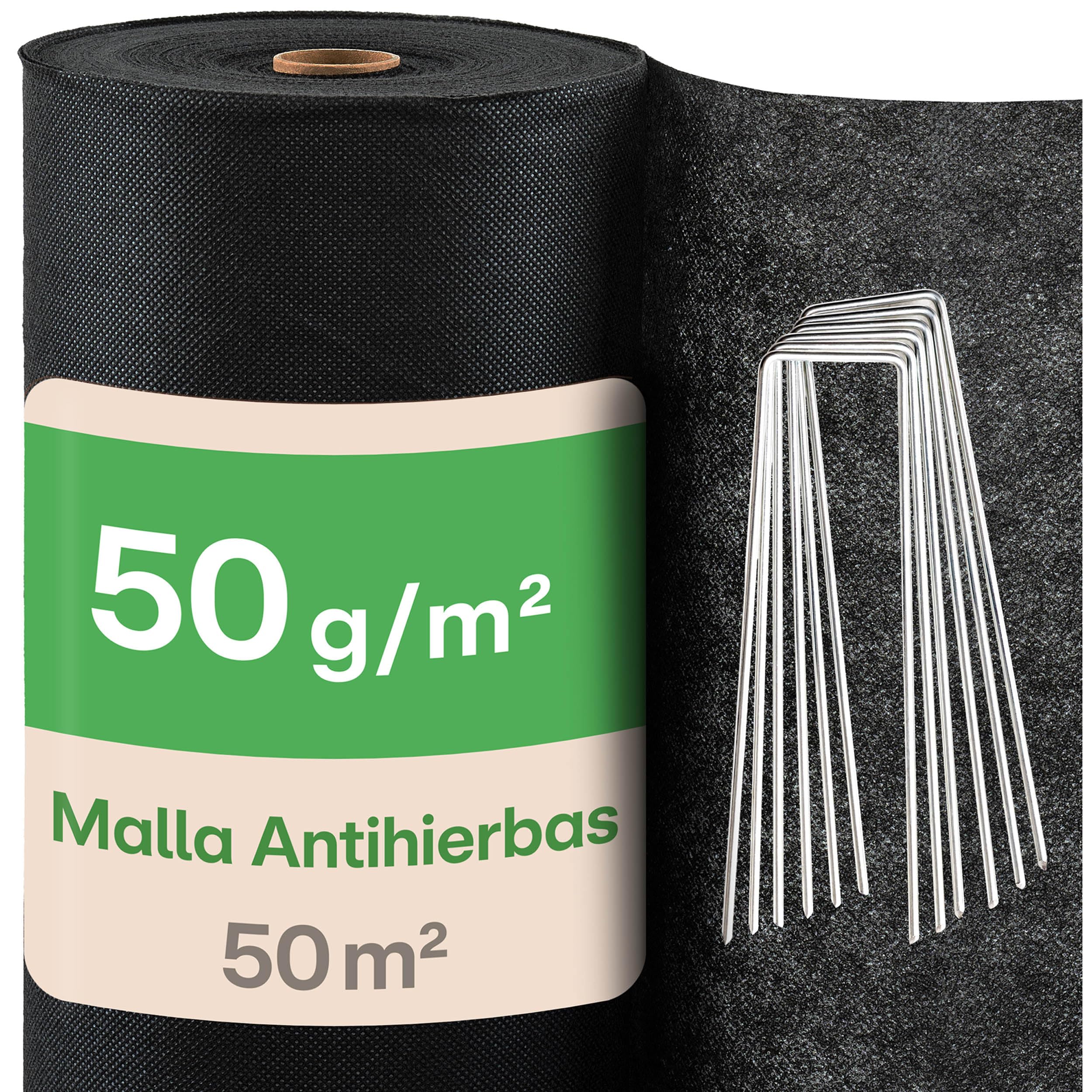 Praknu Malla Antihierbas Geotextil 50g/m² – 1 m x 50 Metro Rollo con 24 Anclajes – Transpirable, Resistente al Desgarro & UV – Malla de Mulching para Parterres & Cultivos de Temporada