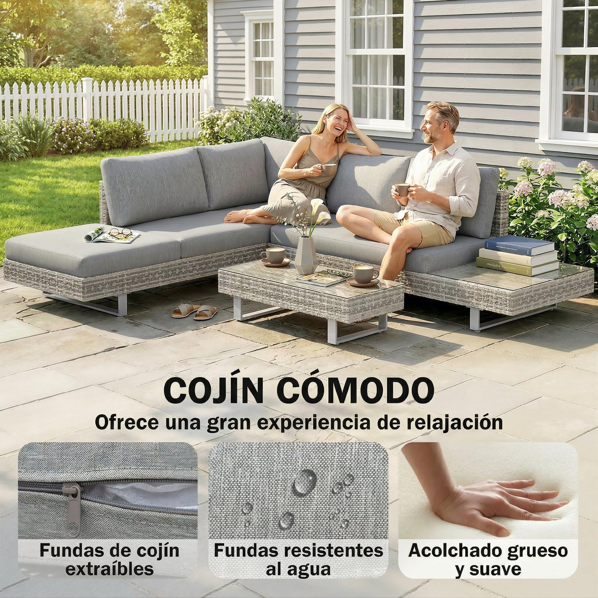 Outsunny Conjunto de Muebles Ratán de 3 Piezas Mesa de Centro Sofá Doble y Sofá de 3 Plazas con Cojines Extraíbles para Exterior Jardín Terraza Patio Acero Gris