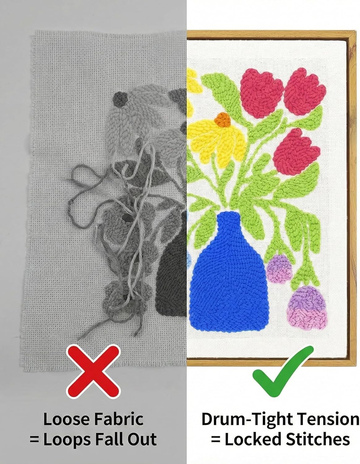AceList 16" Punch Needle Kit with Wood Display Frame for Adults Beginners, Complete Rug Hooking Set with Adjustable Hoop, 30% Extra Yarn & Pattern Fabric, DIY Home Wall Decor Gift (Flower Vase)