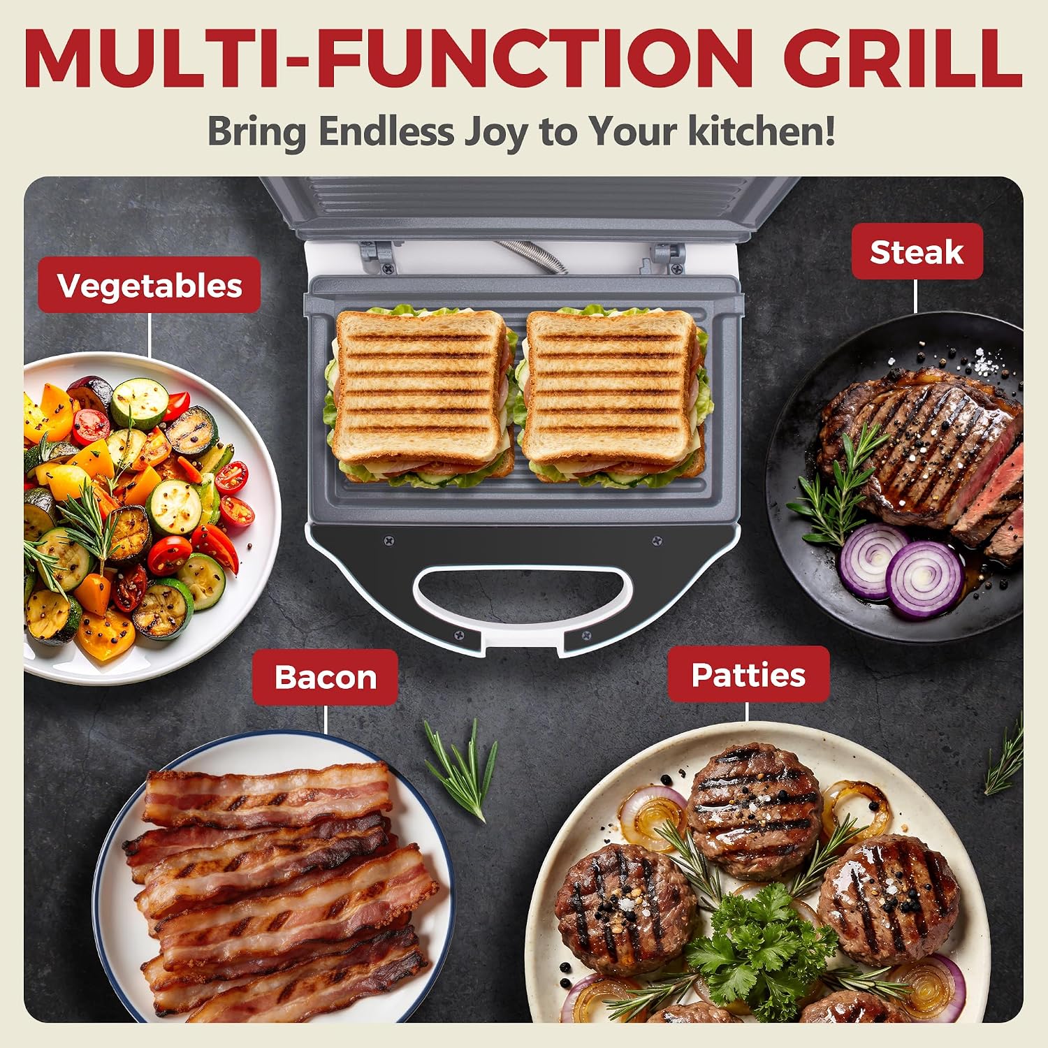 AshGlen Ceramic Mini Panini Press Grill Sandwich Maker, Mini Sandwich Press, Panini Maker, Sandwichera Electrica, Panini Grill, Toaster Press, Grill Burgers or 2 Slices Sandwiche at a Time, White