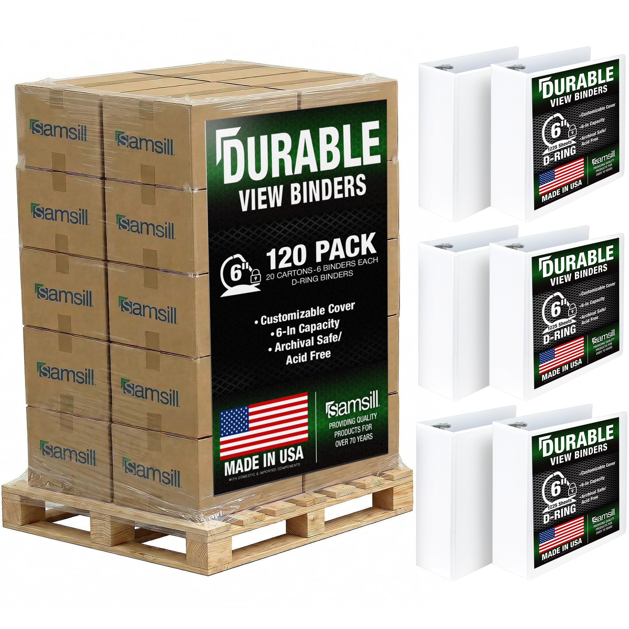 Samsill Durable 6 inch 3 Ring Binder, Locking D Ring 100% Recycled Chipboard, White, Pallet of 120 Binders in 20 Cartons