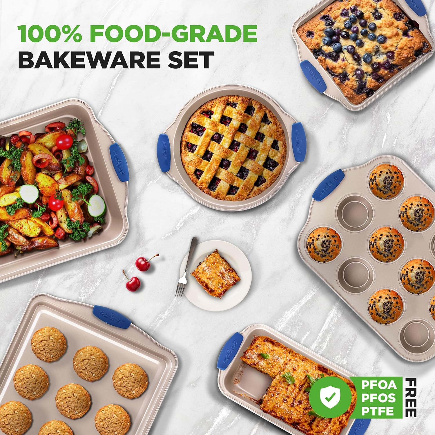 NutriChef 8-Piece Nonstick Bakeware Set - Heavy Duty Carbon Steel Baking Pans w/ Blue Silicone Handles - Pizza Crisper, Muffin & Loaf Pan, Round & Square Pans, Cookie Sheet - Champagne Gold image 5
