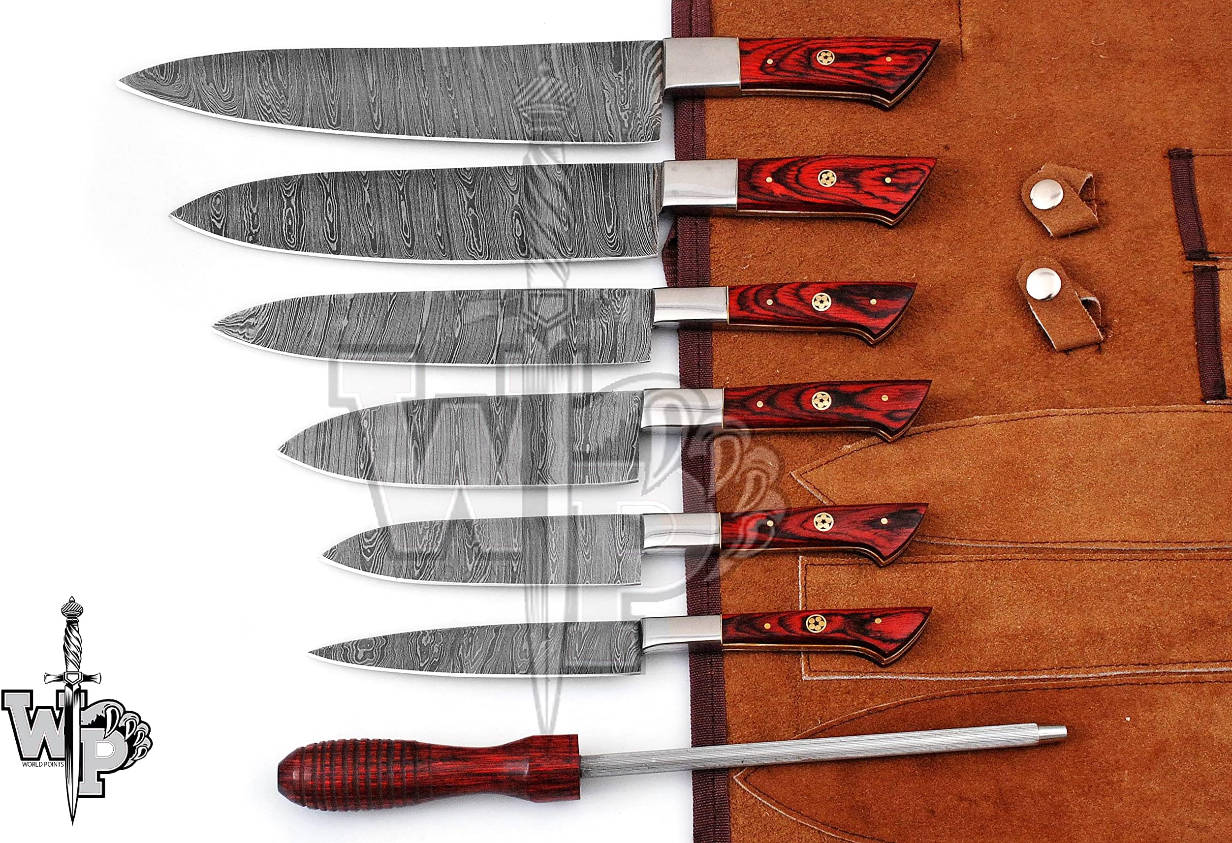 WP-1071 Custom Handmade Damascus Kitchen/Chef Knife Set 6/Piece Pocket Case Chef Knife Roll Bag By World Points (Red Wood)