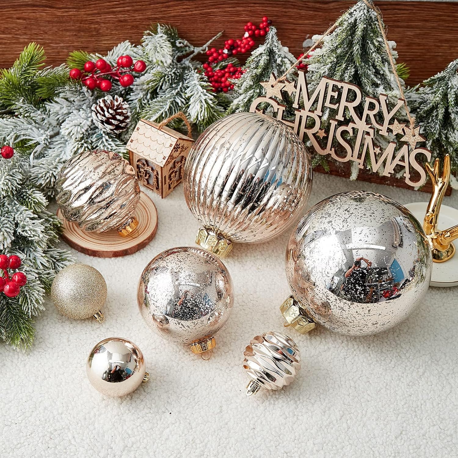 Large Christmas Ball Ornaments, Oversized Shatterproof Plastic Decorative Hanging Mercury Ornaments Ball for Xmas Holiday Party Decorations (Champagne, 6.0)