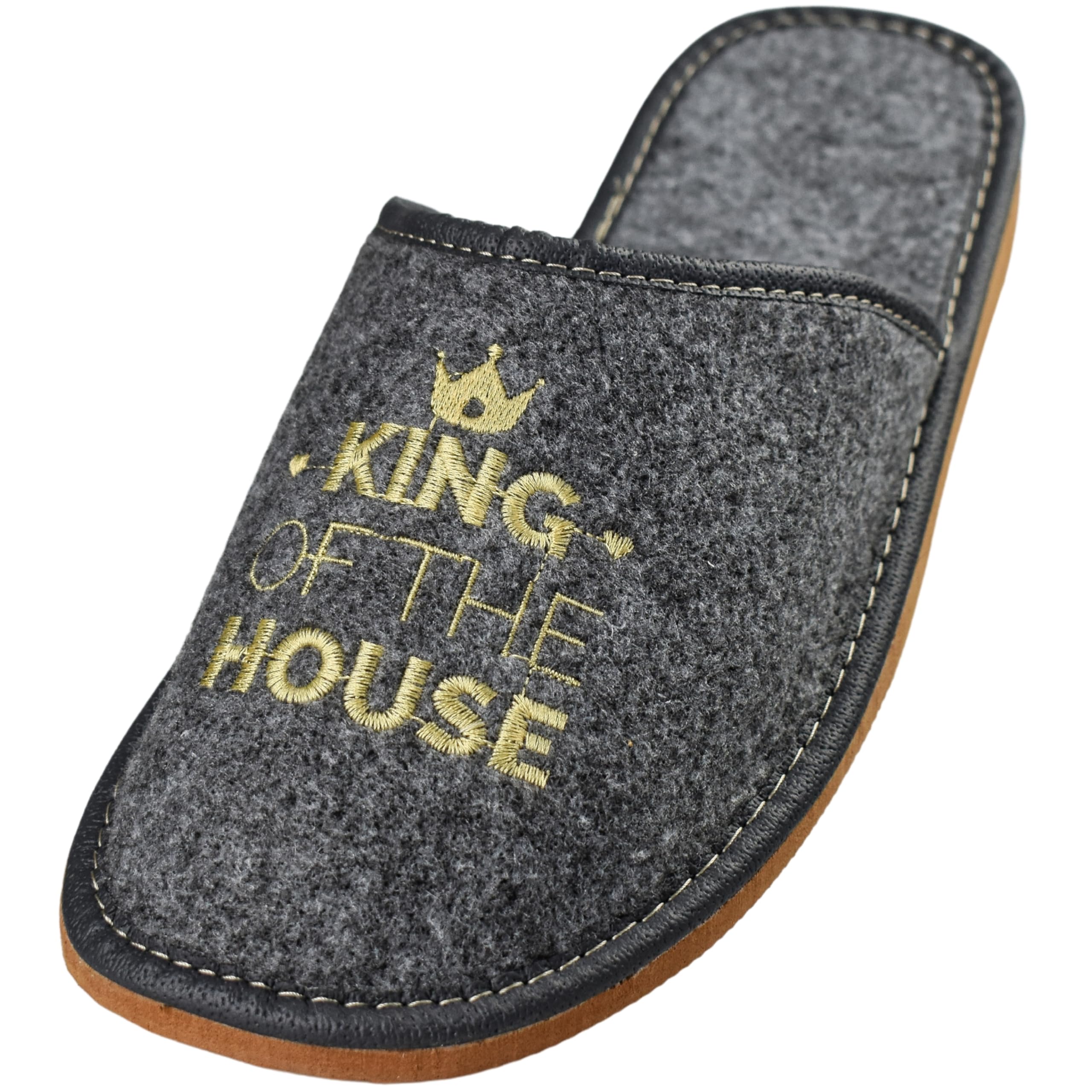 APREGGIO - Men's Felt Slippers - Non-Slip Sole - King of the House Embroidery - Cosy and Stylish Indoor Slippers